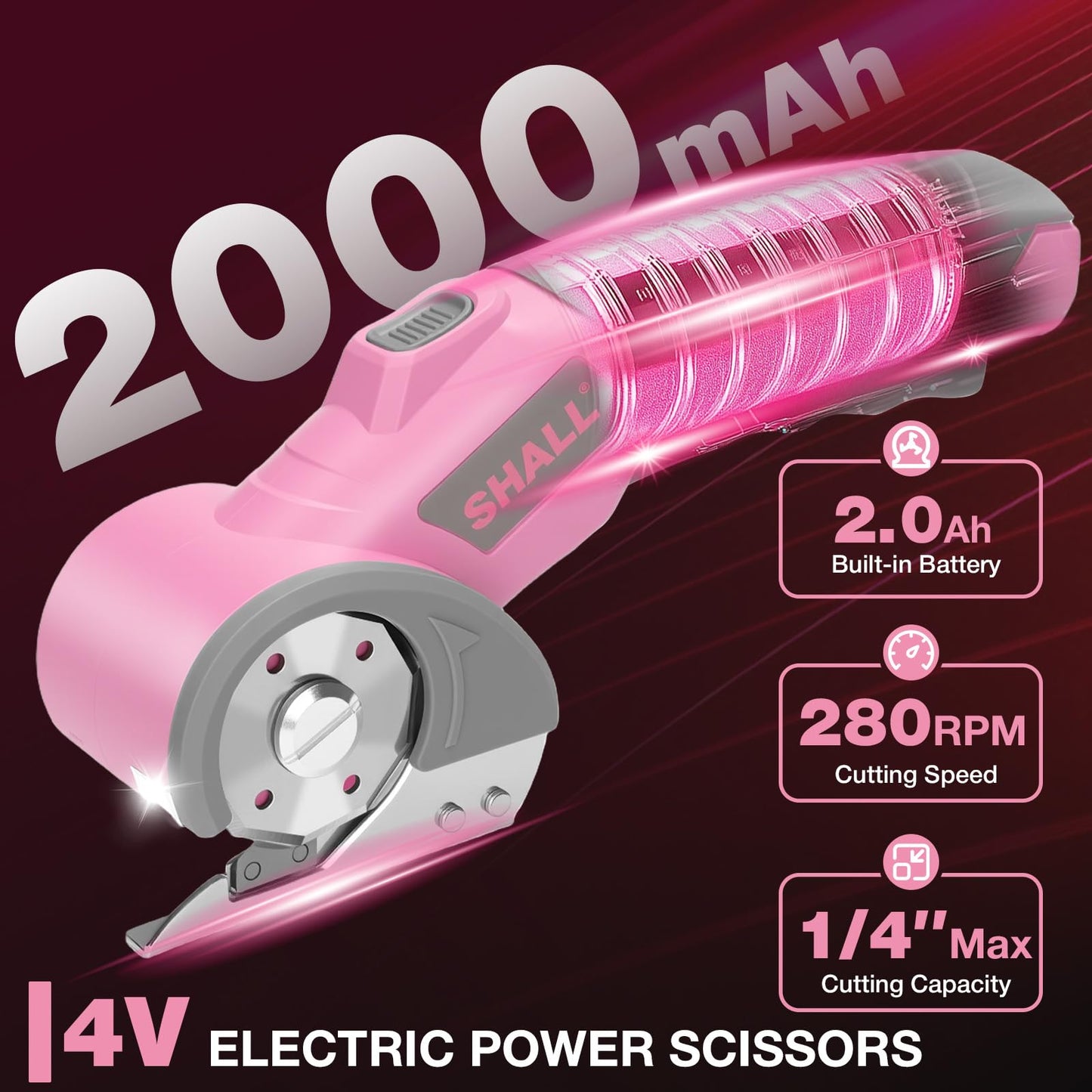 SHALL 4V Cordless Electric Scissors, Rechargeable Cardboard Cutter, Rotary Electric Box Cutter w/Safety Lock, LED Light & Replacement Blade for Fabric, Leather, Carpet, Cardboard & Plastic, Pink/Grey