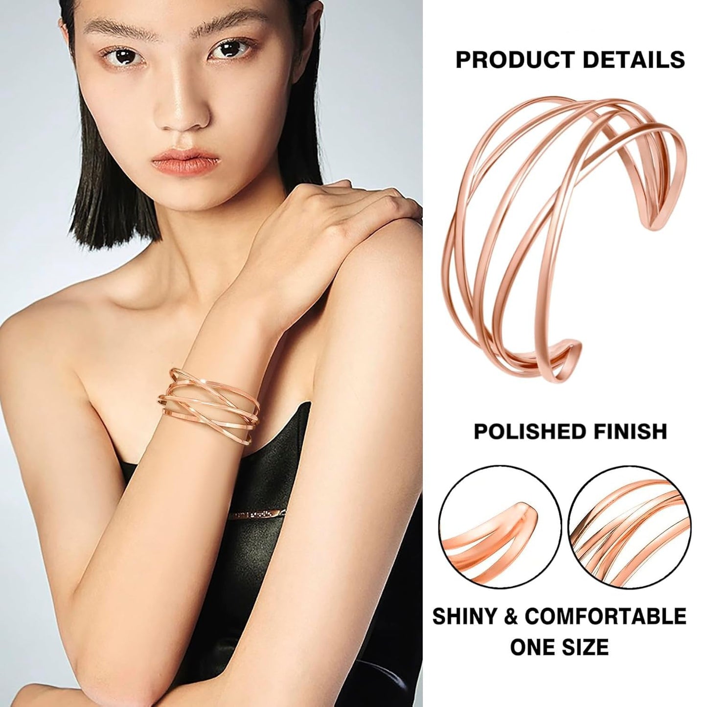 SELFWIMG Rose Gold Bangle Bracelets for Women Chunky Cuff Bracelets Statement Multi-layer Cross Wire Cuff Bangle Bracelet Open Wrist Trendy Jewelry Gifts