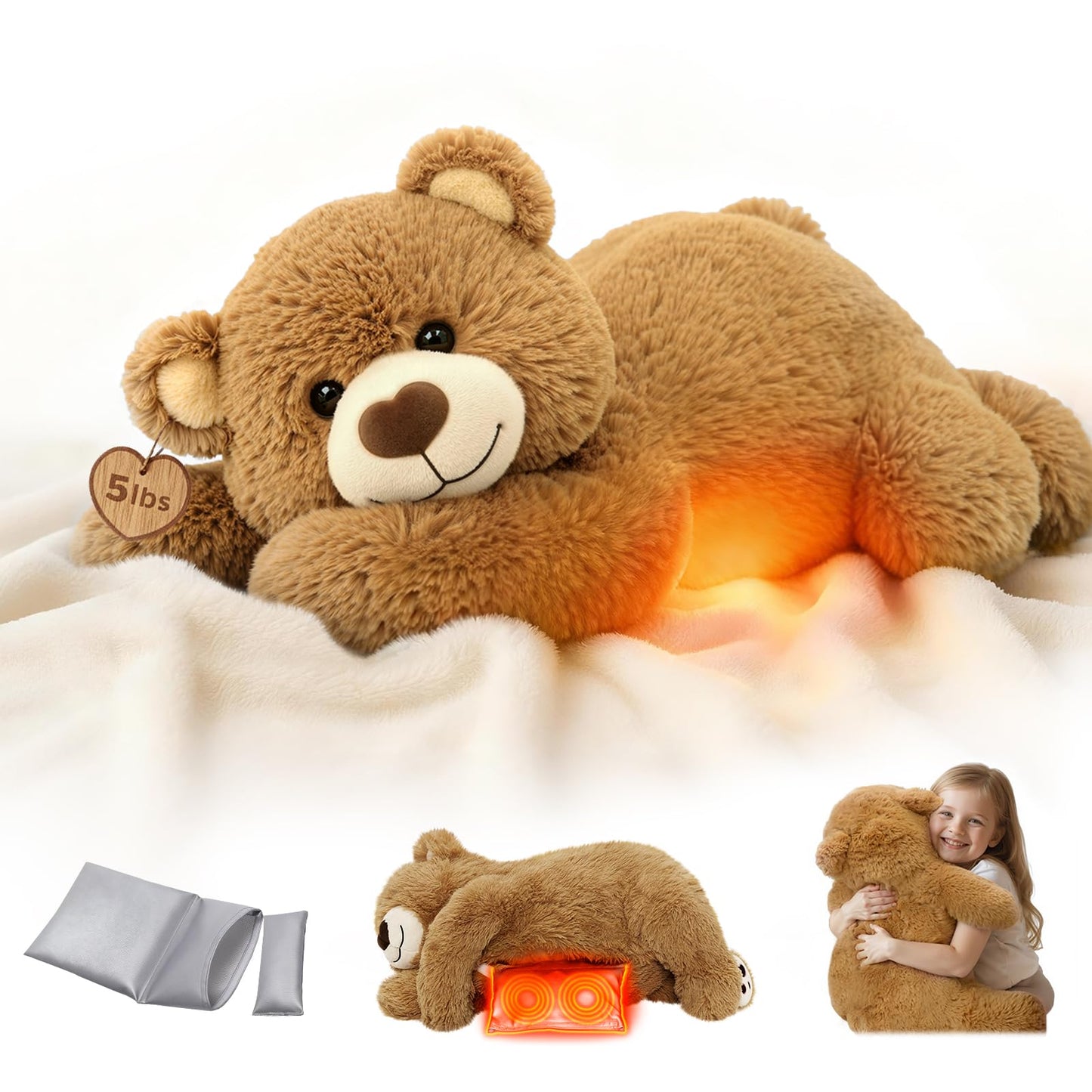 Mewaii Weighted Stuffed Animals for Adults & Kids, 2-5 lbs - 23" Heatable Coolable Bear Plush, Microwavable Adjustable Removable Inner Pad, Realistic Hug Comfort Gift (Brown)