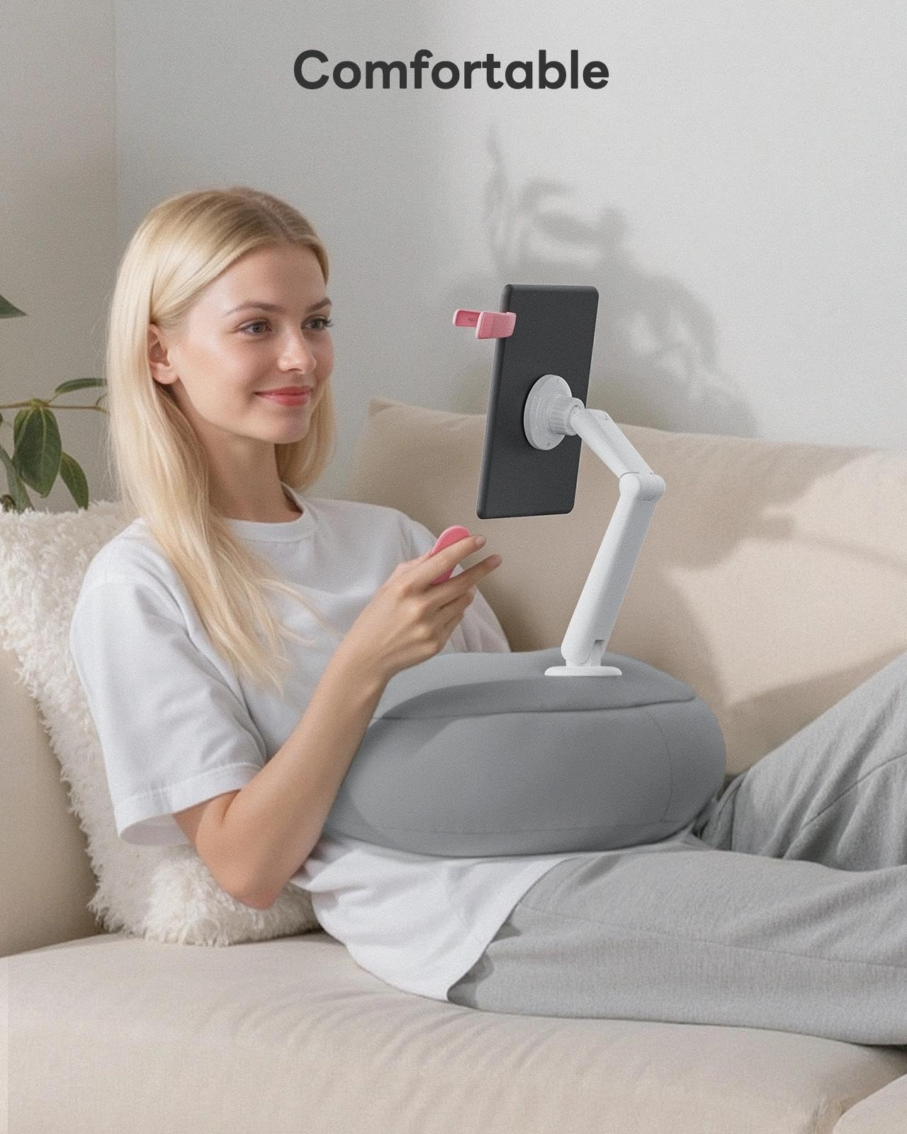 SAIJI Tablet Pillow Stand - Magnetic Kindle Holder Compatible with Kindle, Tablet, iPad, iPhone, 360° iPad Holder for Bed with Ergonomic Pillow and Dual-Jointed Arm, 2 Free Magnetic Sheets (Gray)