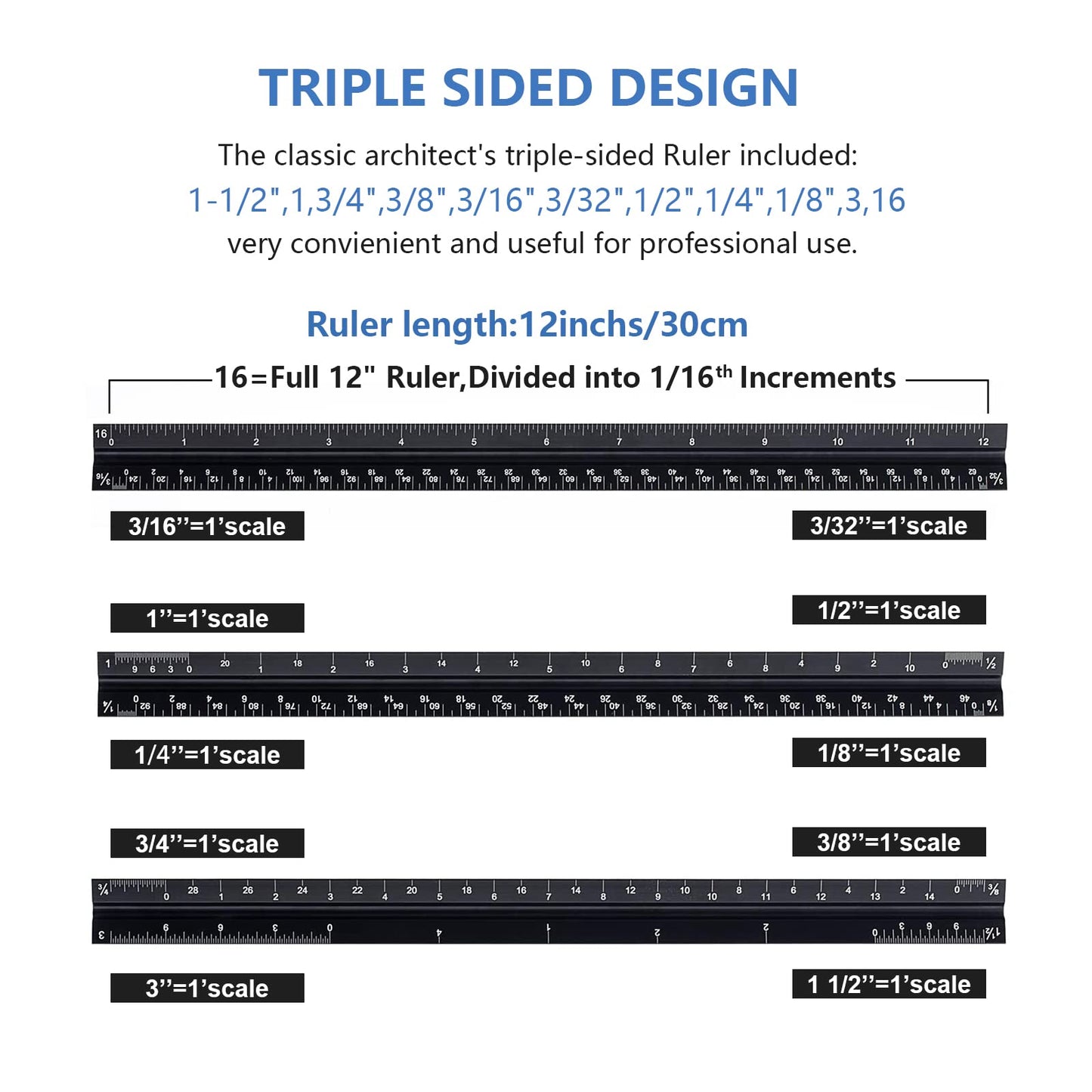 Architectural&Engineering Triangular Scale Ruler, 12 Inch Architectural Scale Ruler Set, Laser-Etched Aluminum with Stainless Steel Ruler for Architects, Students, Draftsman, Engineers (3 PCS)