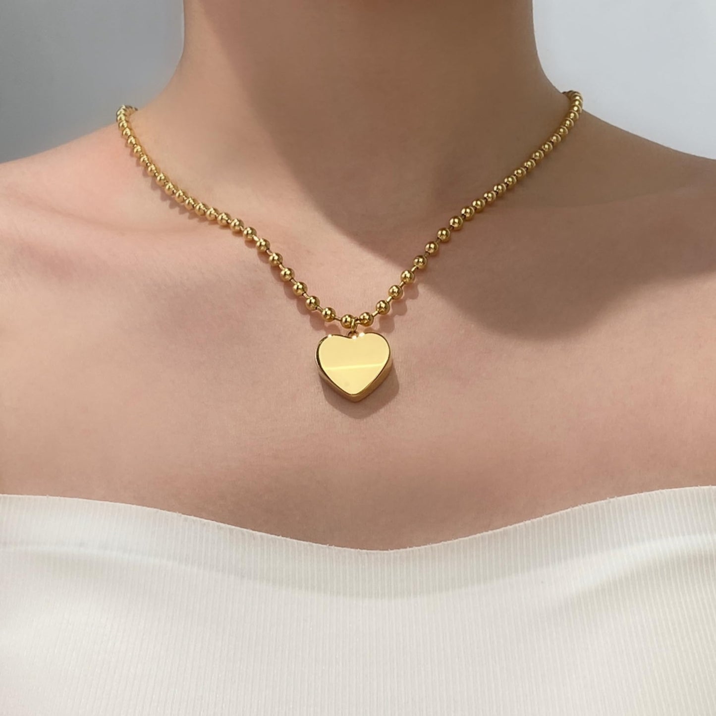 BONJOULRY 18K Gold-plated Heart Necklace, Chunky Gold Heart Necklace for Women Puffy Heart Pendant Necklace Ball Beaded Chain Chunky Jewelry for Women