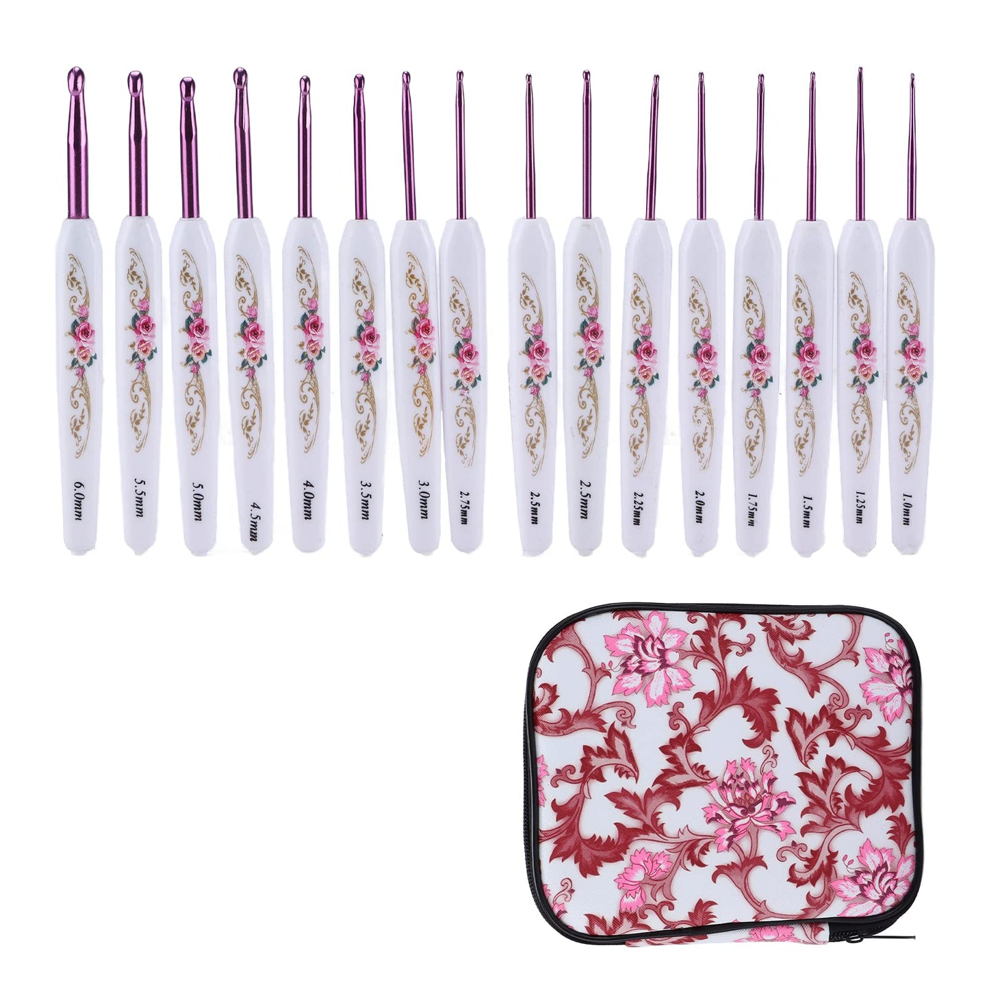 Crochet Hooks Needles,16 Pcs Cute Needles for Arthritic Hands,Extra Long Chinese Style Crochet Hook Set Flower Pattern Ergonomic Soft Grips Knitting Hook for Crochet Yarn Craft (Pink)