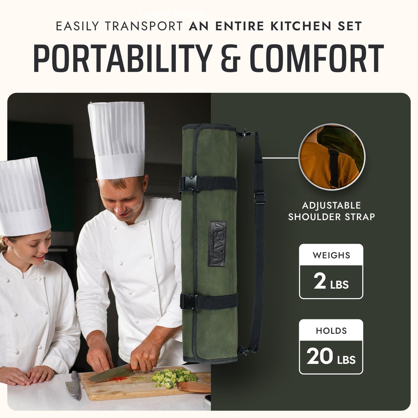 Asaya Waxed Canvas Chef Knife Roll Bag with 10 Slots and a Zipper Pocket - Professional Chef Knife Bag & Storage Case, with Shoulder Strap - Knives Not Included (Forest Green)