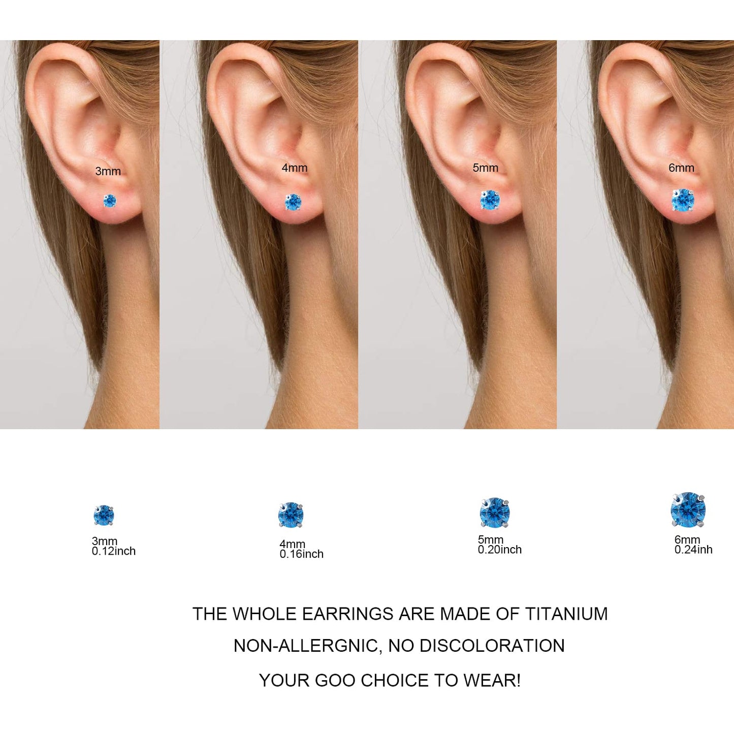 1 Pair Implant Grade Titanium Stud Earrings Set Hypoallergenic 3mm 4mm 5mm 6mm Cubic Zirconia G23 Titanium Earring Studs for Women Men for Sensitive Ear (3mm topaz blue)