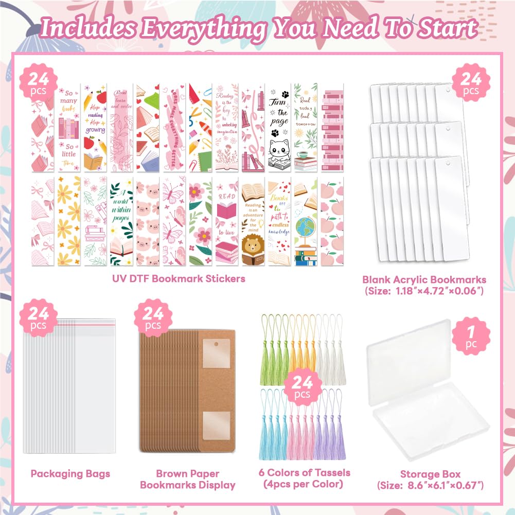 GLASSWINDS 24 Pcs Acrylic Bookmark Blanks Custom with 24 Pcs Cute Waterproof UV DTF Transfer Sticker, 24Pcs Tassels, Bookmark Making Kit Clear DIY Bookmarks, Back to School Gifts for Teacher Student
