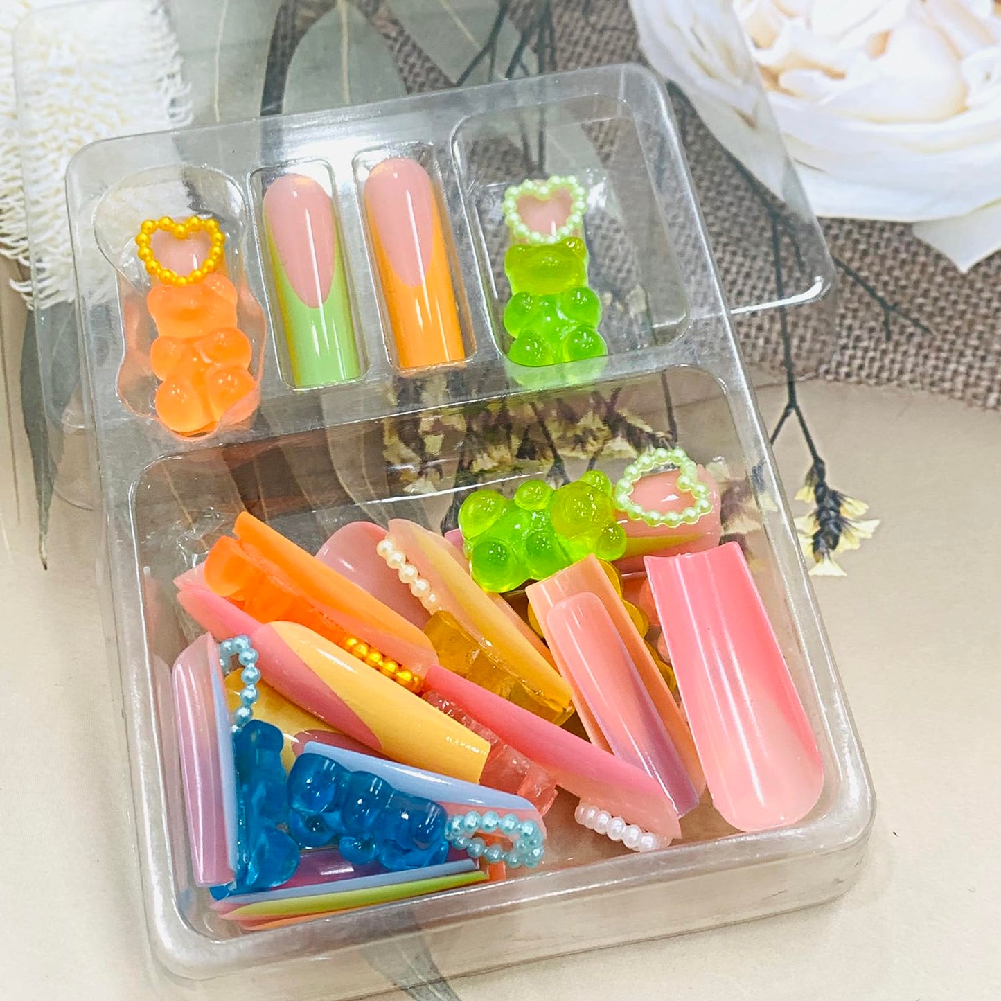 EYZOTSF Press on Nails Long Coffin Shaped Acrylic Square False Nails with Designs Artificial Extra Long Length Coffin Fake Nails with Charms Glue Stick ons Fingernails for Women Girls(XA10604)