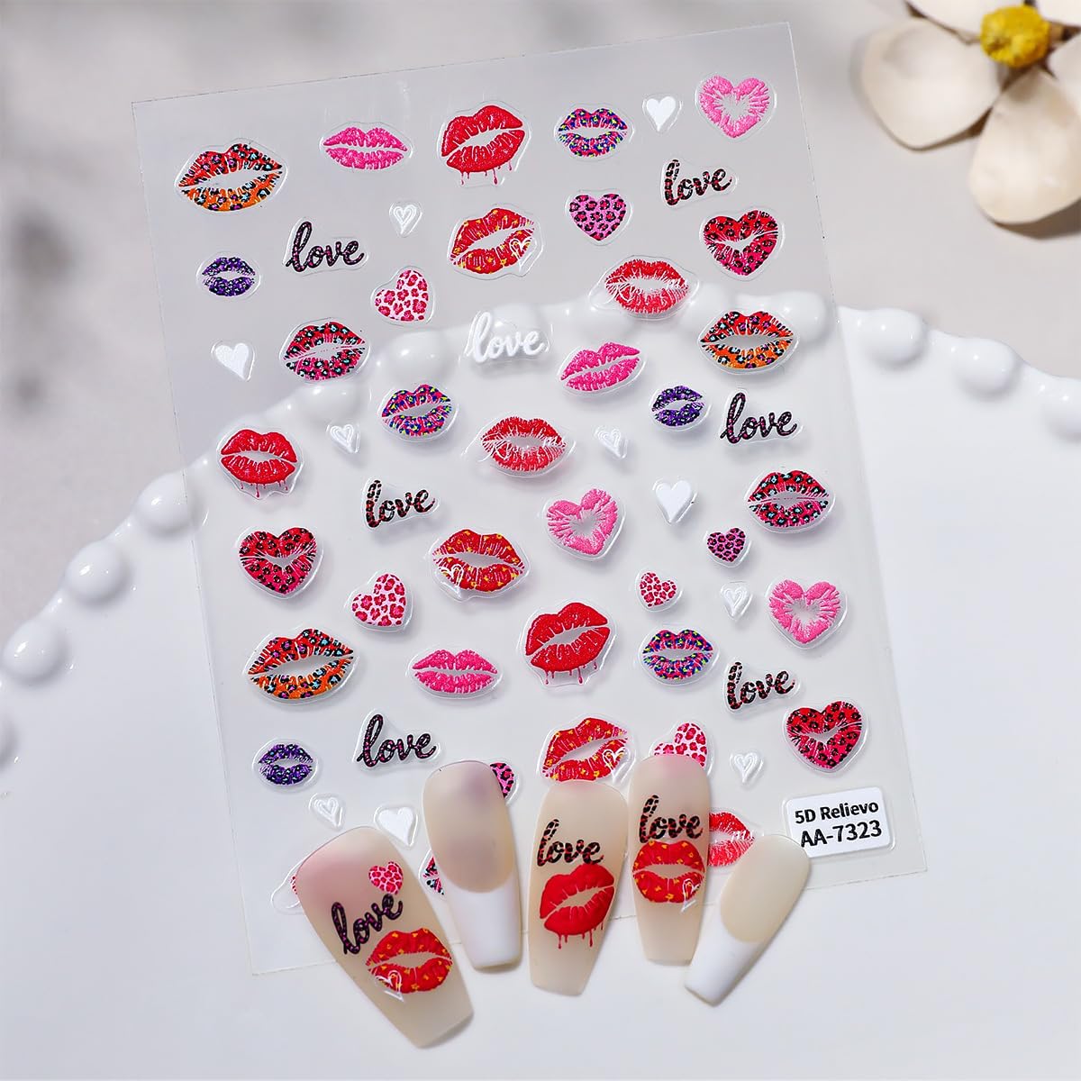 4 Sheets 5D Embossed Valentines Nail Art Stickers Red Heart Bow Nail Decals Self-Adhesive Romantic Love Red Lips Nail Design Stickers Cute Valentine's Nails Supply for Women DIY Manicure Decoration