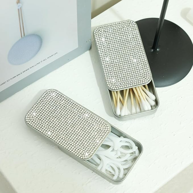 2Pcs Bling Dental Floss Holder,Portable & Refillable Floss Pick Holders, Metal Tin Box Case for Q-tip,Cotton Swab(Silver)