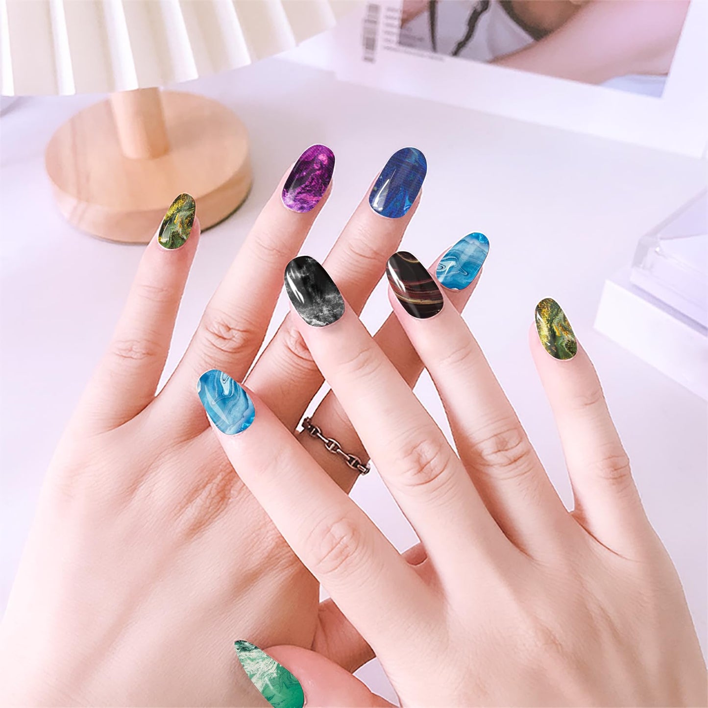 JERCLITY 336 Pieces 24 Sheets Women's Full Wrap Marble Nail Polish Strips Stickers Self-Adhesive Gel Nail Strips Decals with Nail File for Women Girls Nail Decorations (Retro Style)