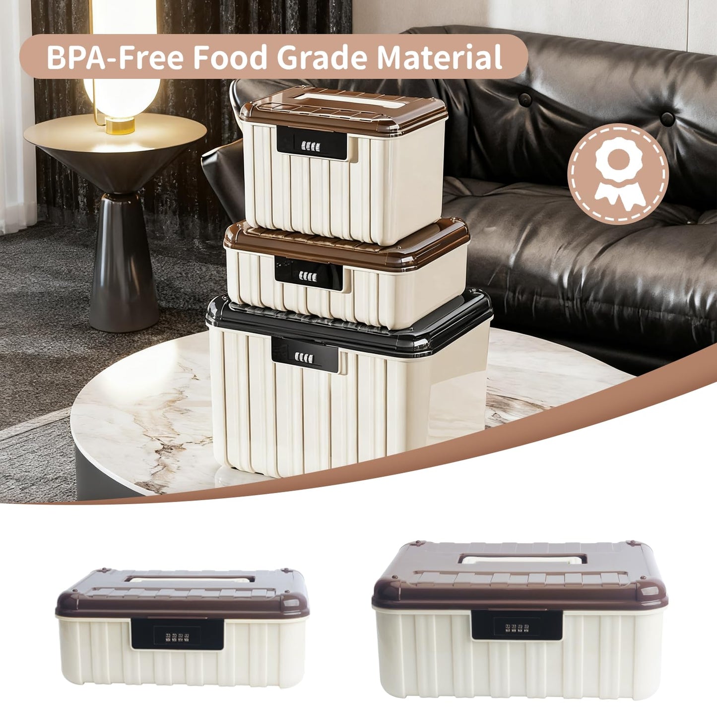 Lock Storage Box - Medicine Secure First Aid Organizer Box Safe with Combination Code for Cash Money Key Phone Snack Home Fridge Office Travel Storage Gifts - Brown - Small
