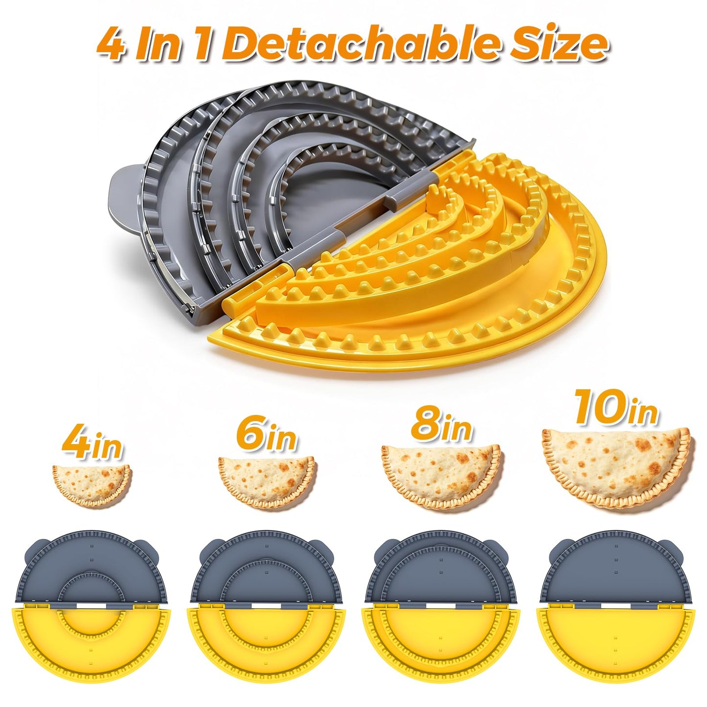 Adjustable 4 In 1 Empanada Maker Press - 4/6/8/10 Inch Large Tortilla Sealer with Steel Cutting Blade,Leak Proof Wave Tooth Design for Wraps,Burritos,Tortilla,Pasties,Pierogi,Pastelitos,Dumplings