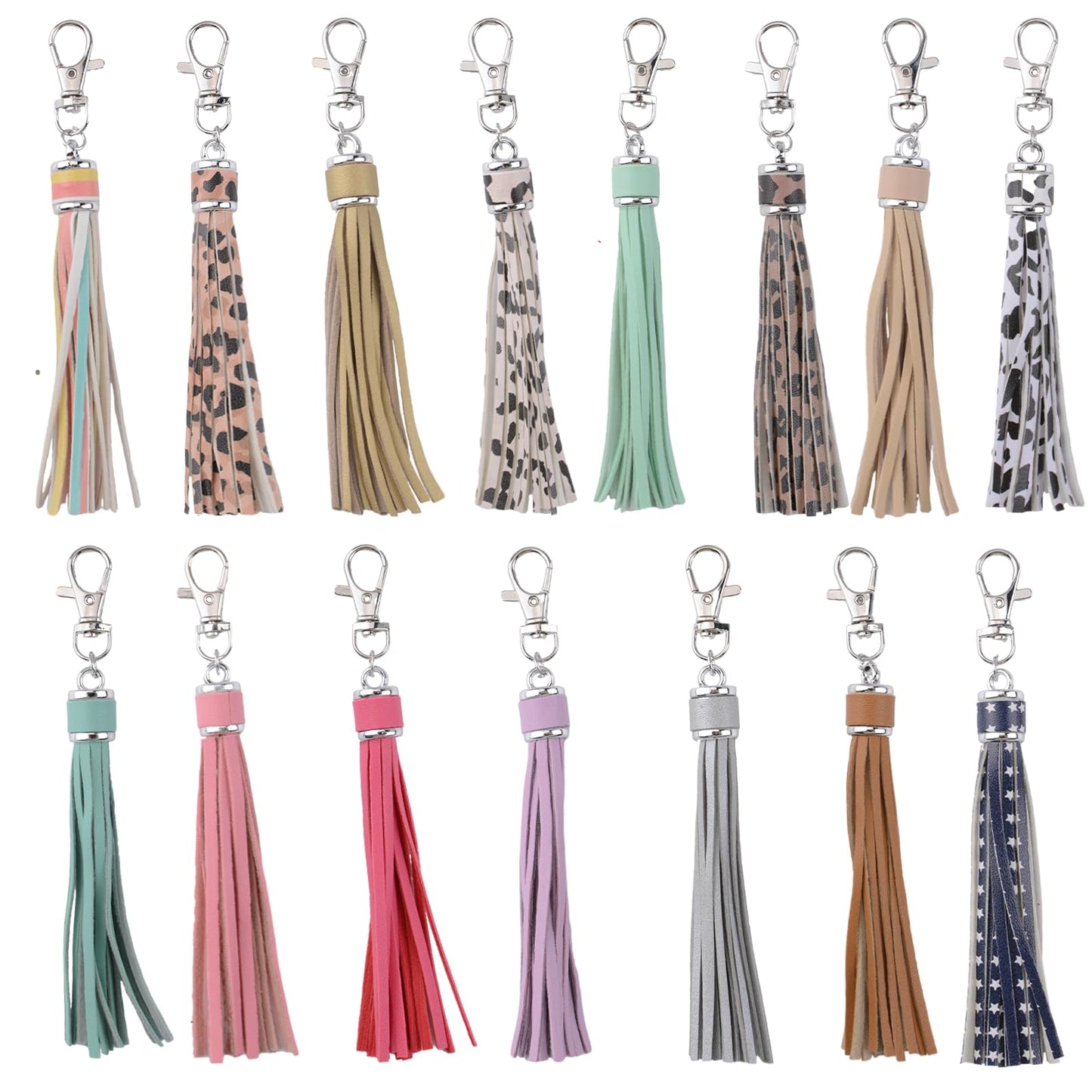 URROMA 15Pcs Faux Leather Tassel Pendant, Colourful Artificial Leather Tassels with Silver Lobster Buckle DIY Keychain and Craft Bag Decor Supplies