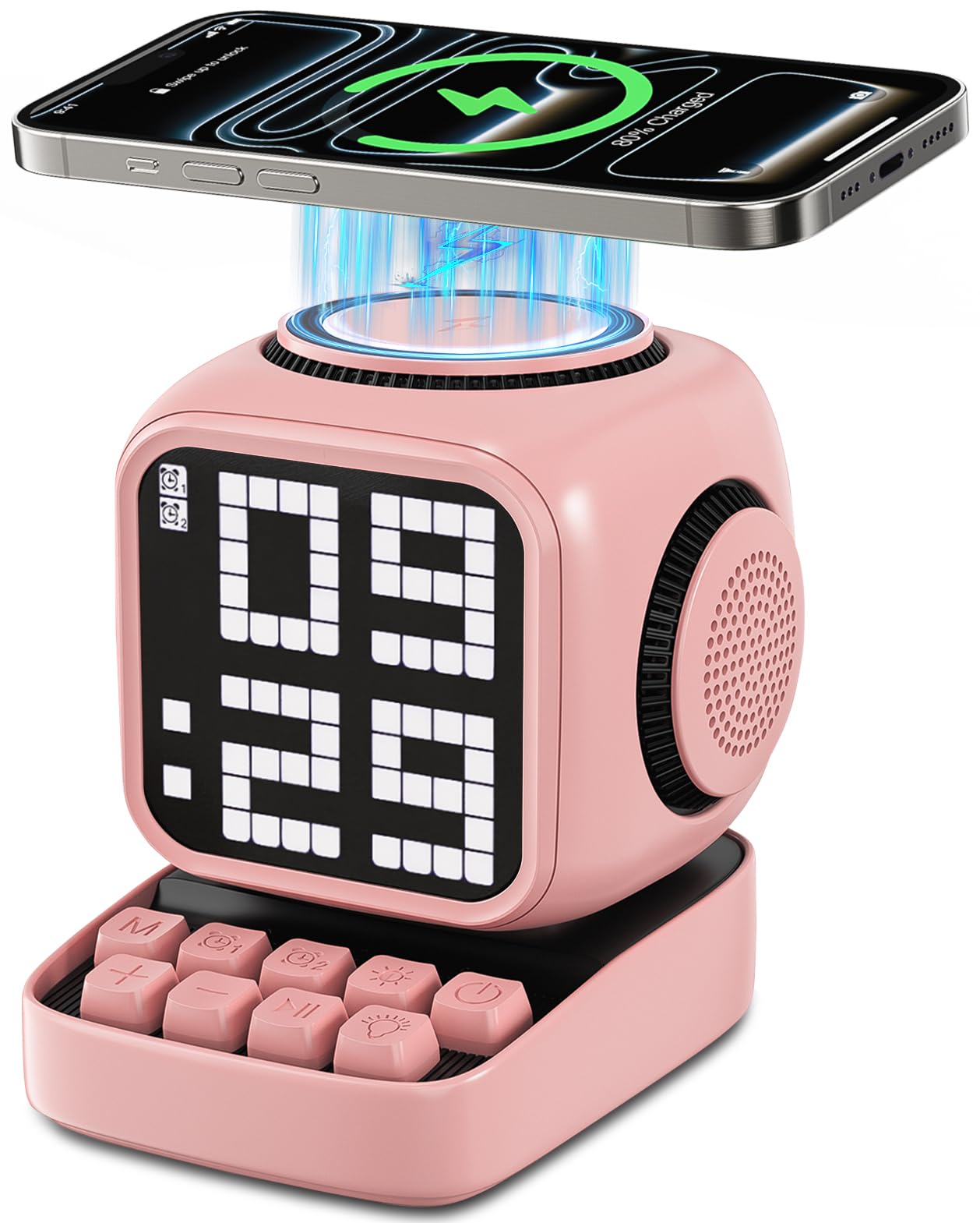 Retro Robot 5-in-1 Bluetooth Speaker: 15W Wireless Charger, Pixel LED Screen, 10W Stereo Sound & 15 White Noise, Alarm Clock, Cute Portable Wireless Speaker for Bedroom Desk Office, Birthday Gifts