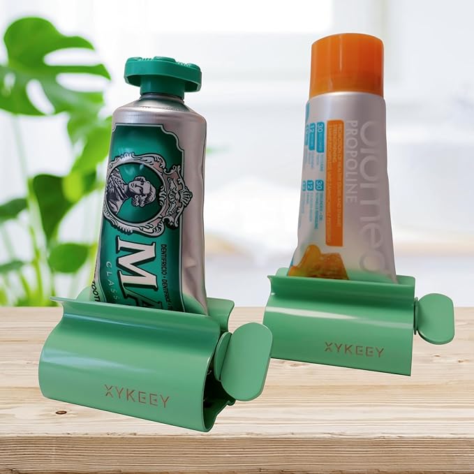 XYKEEY Toothpaste Tube Squeezer - Set of 2 Toothpaste Squeezer Rollers, Metal Toothpaste Tube Wringer Seat Holder Stand (Green)