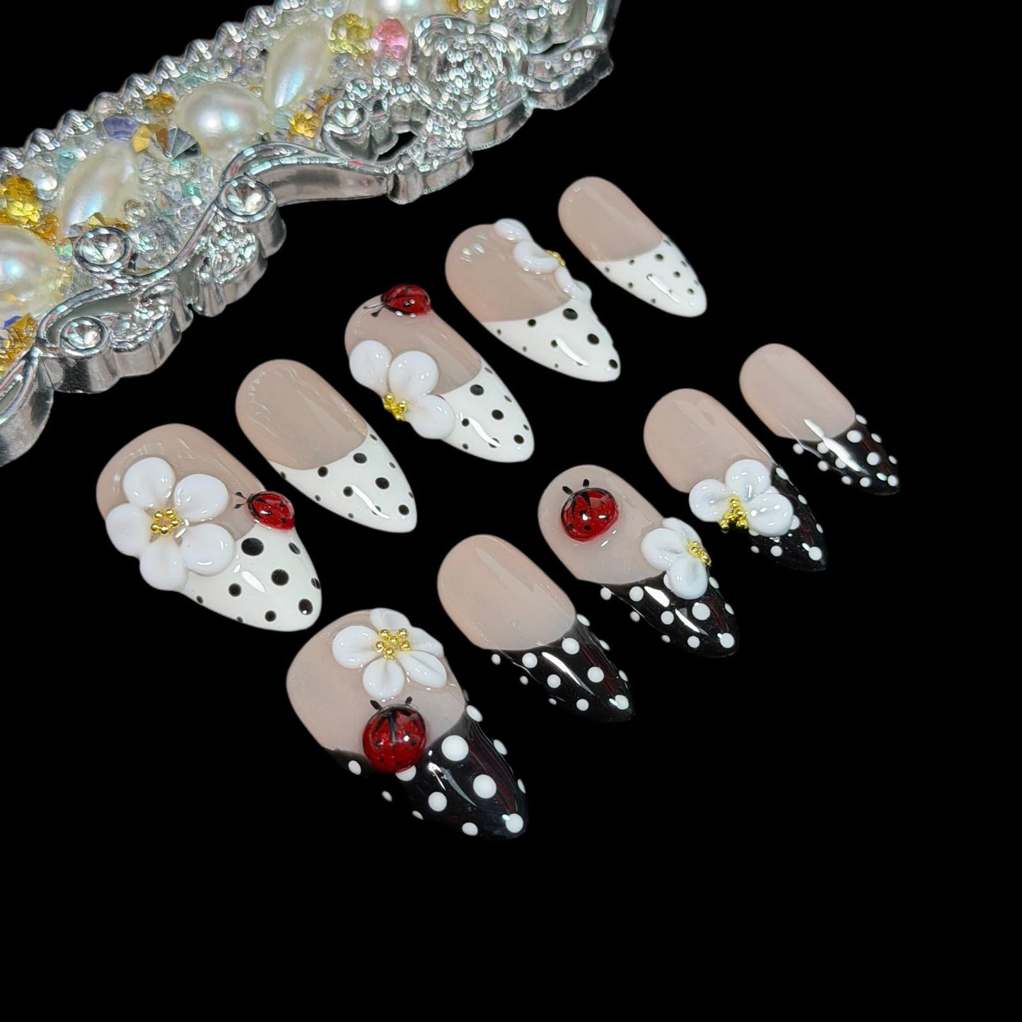 Handmade Press On Nails, 3D Floral & Ladybug Design - Medium Almond, Black & White Polka Dot with Nude Base, Thick Acrylic False Nails Ladybird (L)