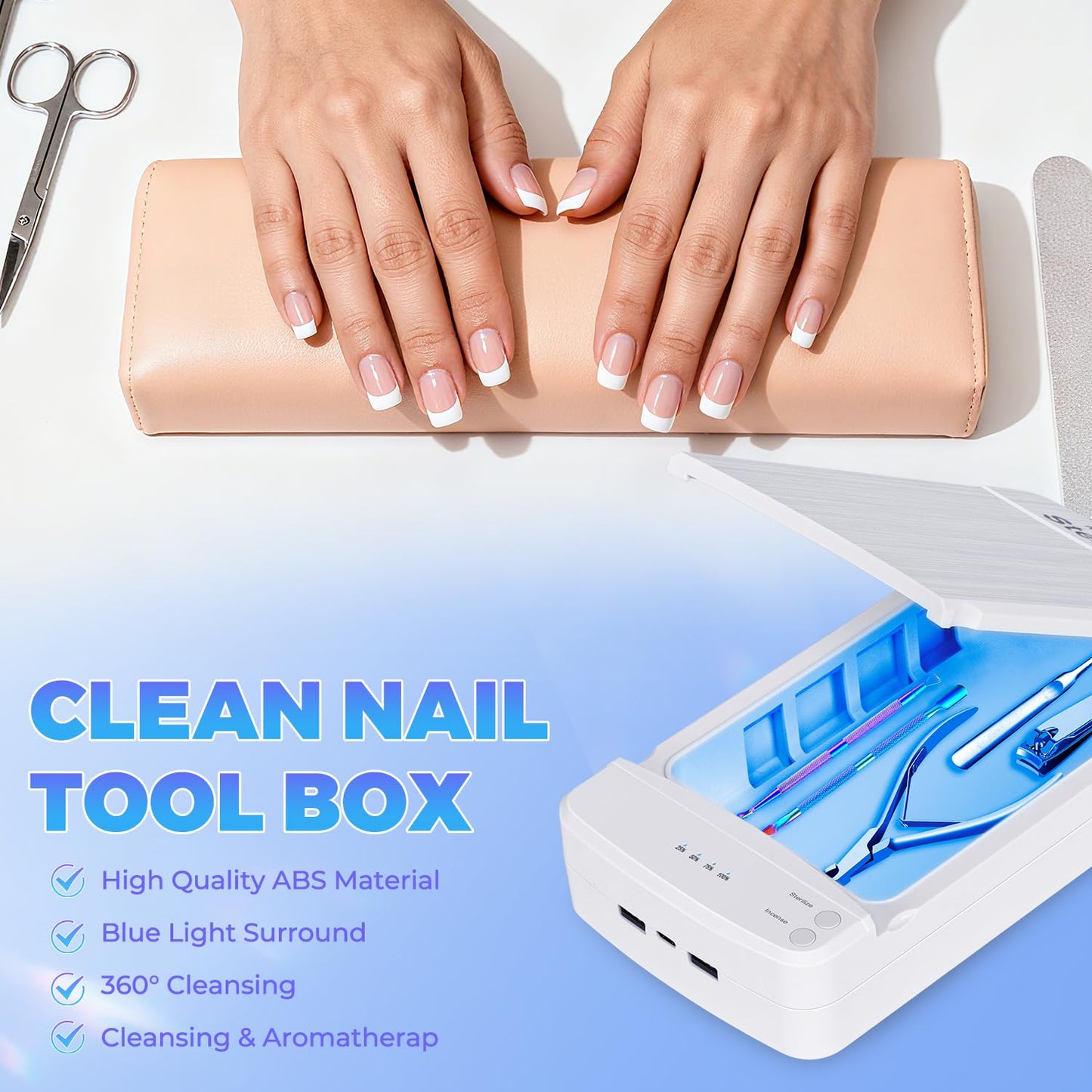 TAKIYA Nail Tool Cleaning with Blue Light, USB Portable Cleaner Machine, Nail Tips Art Tech Must Haves for Salon, Tweezers, Phone, Jewelry, Key, Watch, White