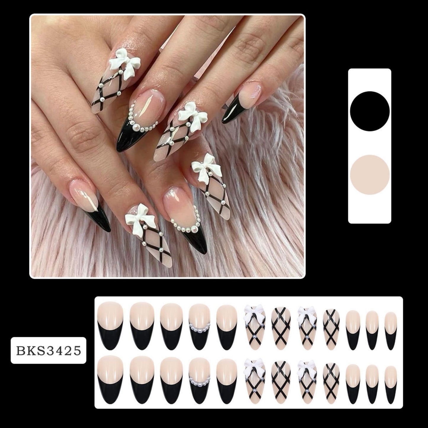 octoswave Press on Nails Long Almond Fake Nails Black French Artificial Nail Bow and Sparkly Pearl Charm Stick on Nail for Women 24pcs