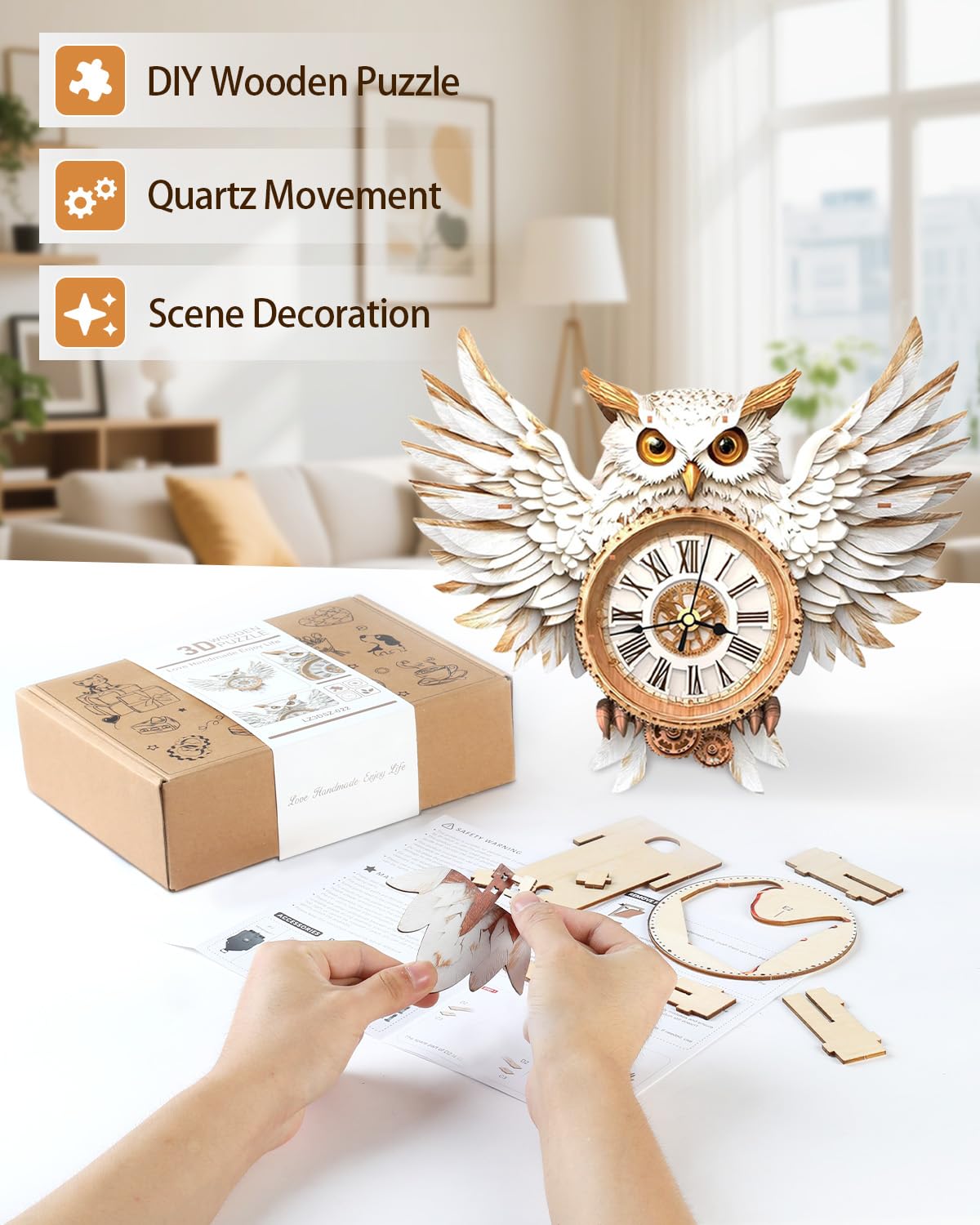 Rnfinewow 3D Wooden Puzzles for Adults, Snowy Owl Clock Kit with Pendulum, Beginner 3D Puzzles Model Kit DIY Crafts for Home Wall Decor Hobbies Birthday Christmas Day Gift for Teens Adults