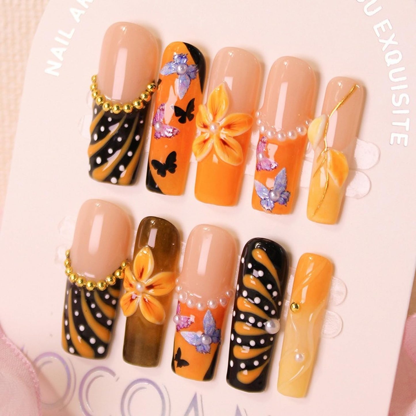 Flower Press on Nails Gradient Long Square Fake Nails with Glitter Butterfly & Pearl False Nails Designs Orange French Tip Handmade Press on Nails Thick Acrylic Stick on Nail for Wome (M)