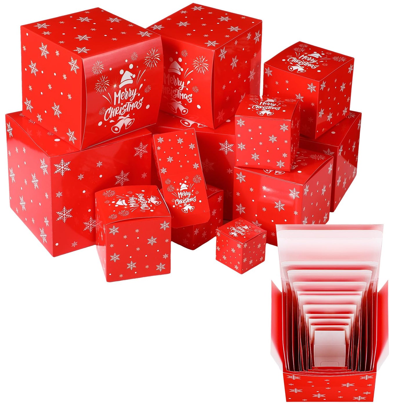TecUnite 12 Pcs Christmas Prank Gift Box Nesting Gift Boxes Funny Prank Boxes for Xmas Birthday Wrapping, 1.9-6.3 Inch(Merry Christmas)
