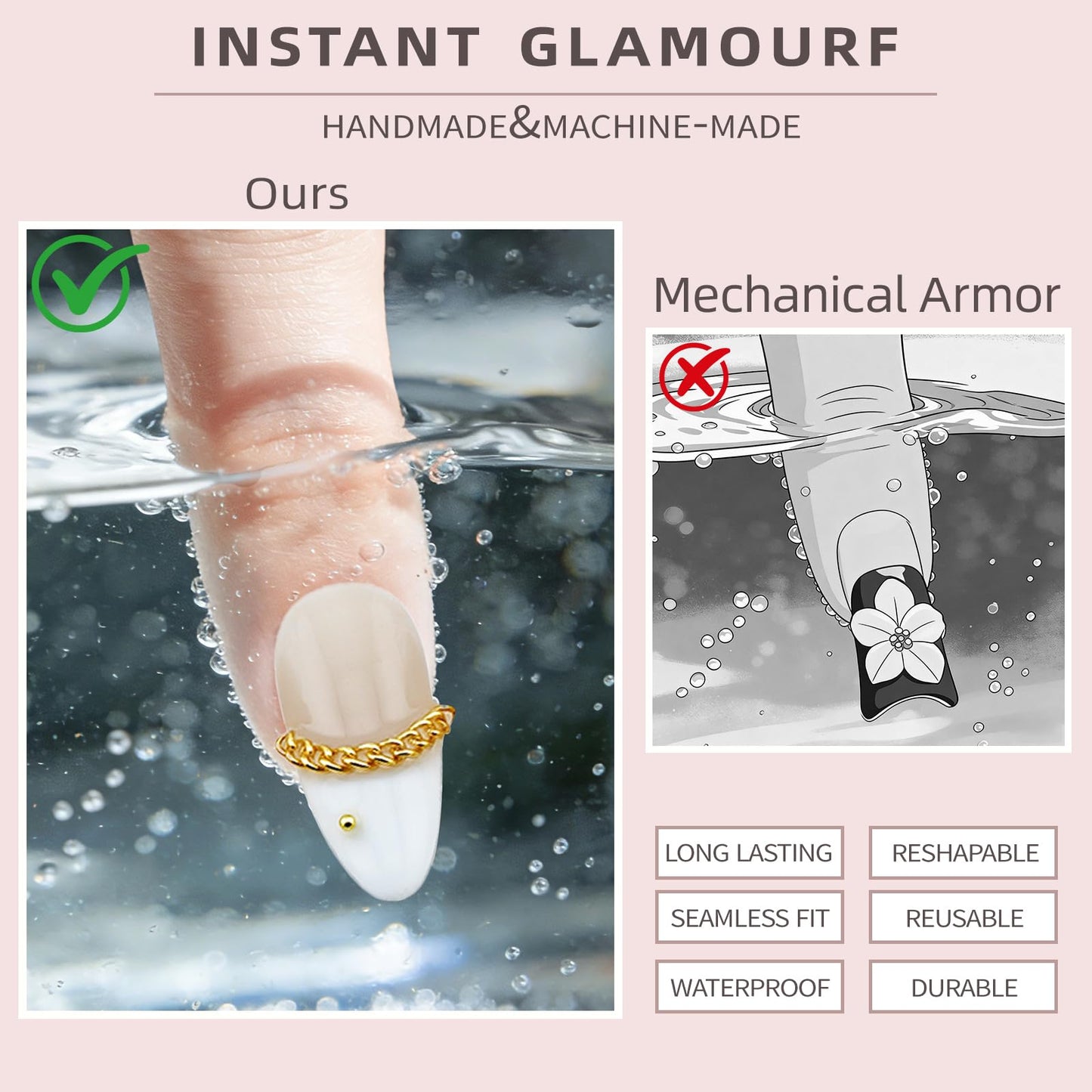 Luxury Handmade Press-On Nails – Medium Almond 3D Flower & Pearl French Tip, Blue Ocean Spring Pattern Reusable Acrylic False Nails (M-10PCS)