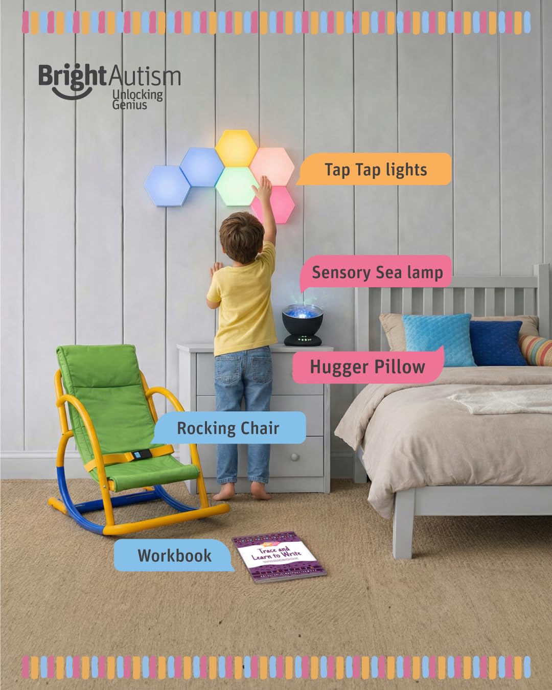 Bright Autism Calming Sensory Sea Lamp - Night Light Projector for Kids, 7 Light Modes, Color Changing Music Player, Nature Relaxation Sounds