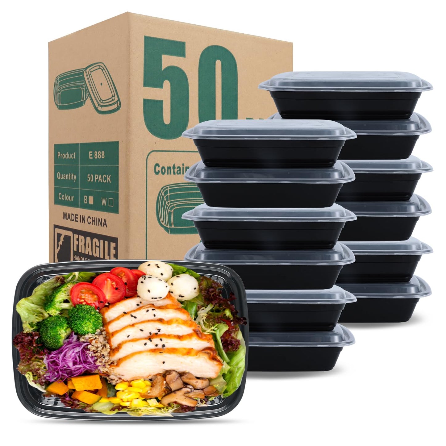 Meal mates 50 Pack (100-Piece) 28oz Meal Prep Containers, 50 Pack (100-Piece) Rectangle,BPA-Free, Food Safe & Leakproof Reusable Plastic Food Storage – Microwave Safe, Stackable Takeout Boxes