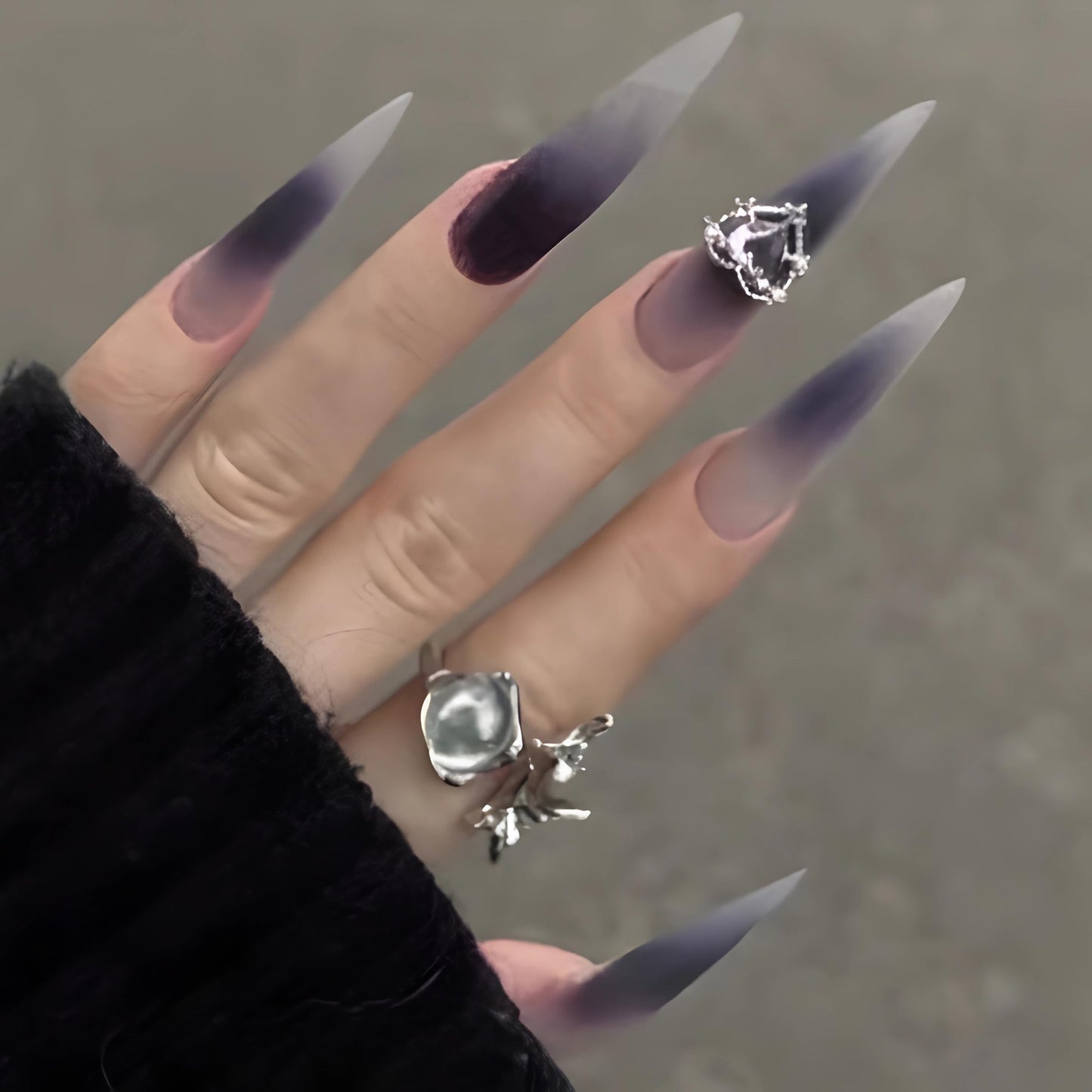 BABALAL Black Purple Ombre Press On Nails, Extra Long Stiletto Gothic Fake Nails with Silver Heart Charm, Matte Acrylic Full Cover Stick On Nails 24Pcs