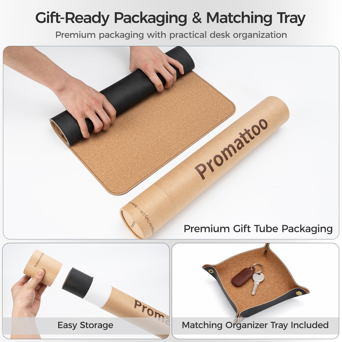 Premium Faux Leather Desk Mat & Tray Set，Innovative Cork-Look Printed Base，Gift Tube Packaging，Full-Desk Coverage，Non-Slip Desk Pad for Office Home（Classic Black）