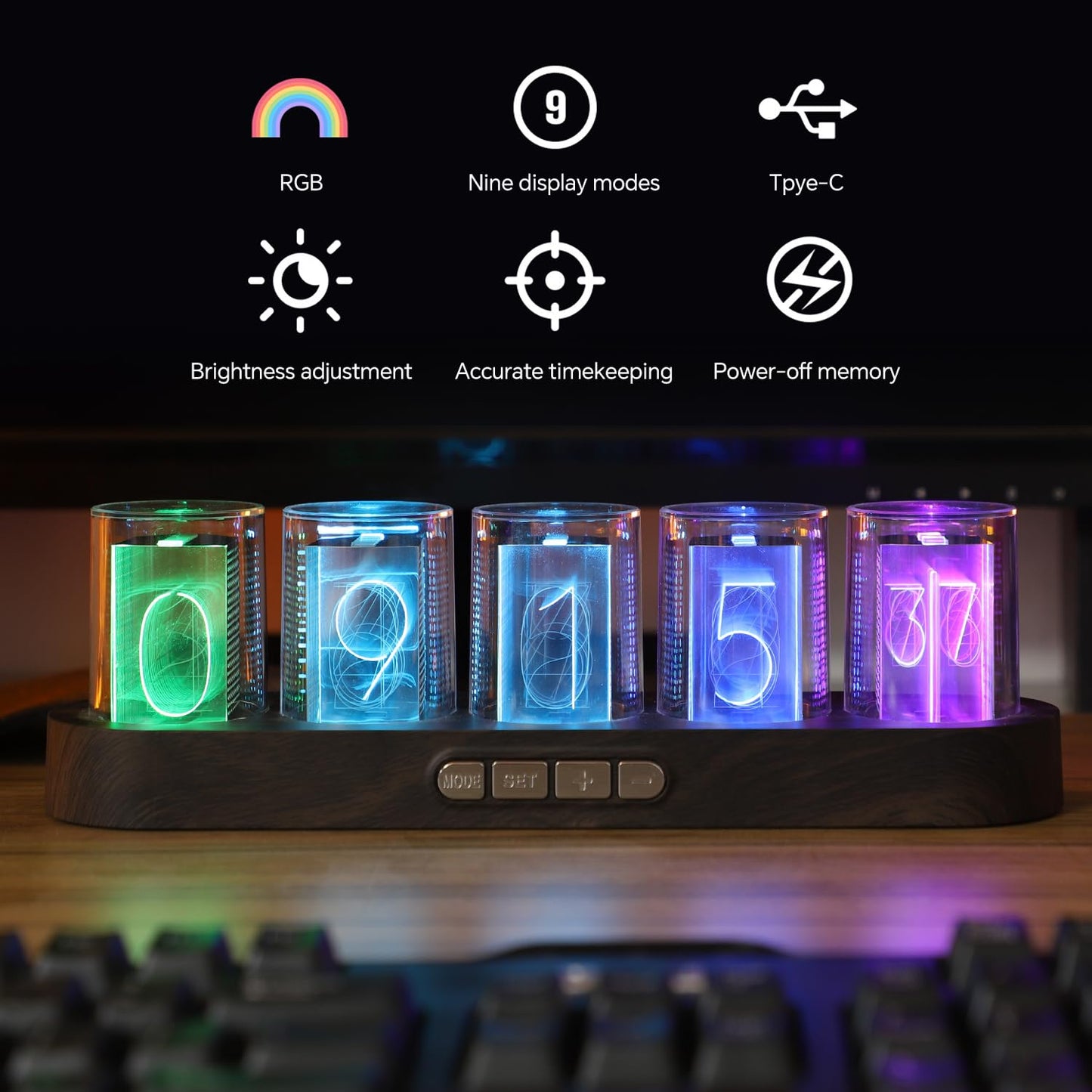XEANIXIE Retro Simulate Nixie Tube LED Gaming Clock – 9 RGB Modes, 12/24H Switch, USB-C Powered, Plug & Play (Gift Box, ABS/Alloy)