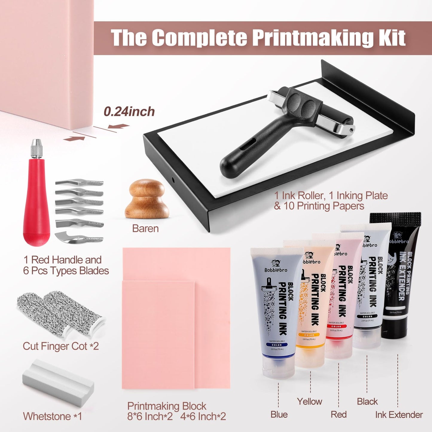 Bobblebro Linoleum Blocks for Printmaking, Stamp Making Carving Linocut Kit for Kids DIY Gift, Rubber Stamp Carving Screen Printing Kit with 4 Colors Block Printing Ink, Rubber Block, Linocut Tools