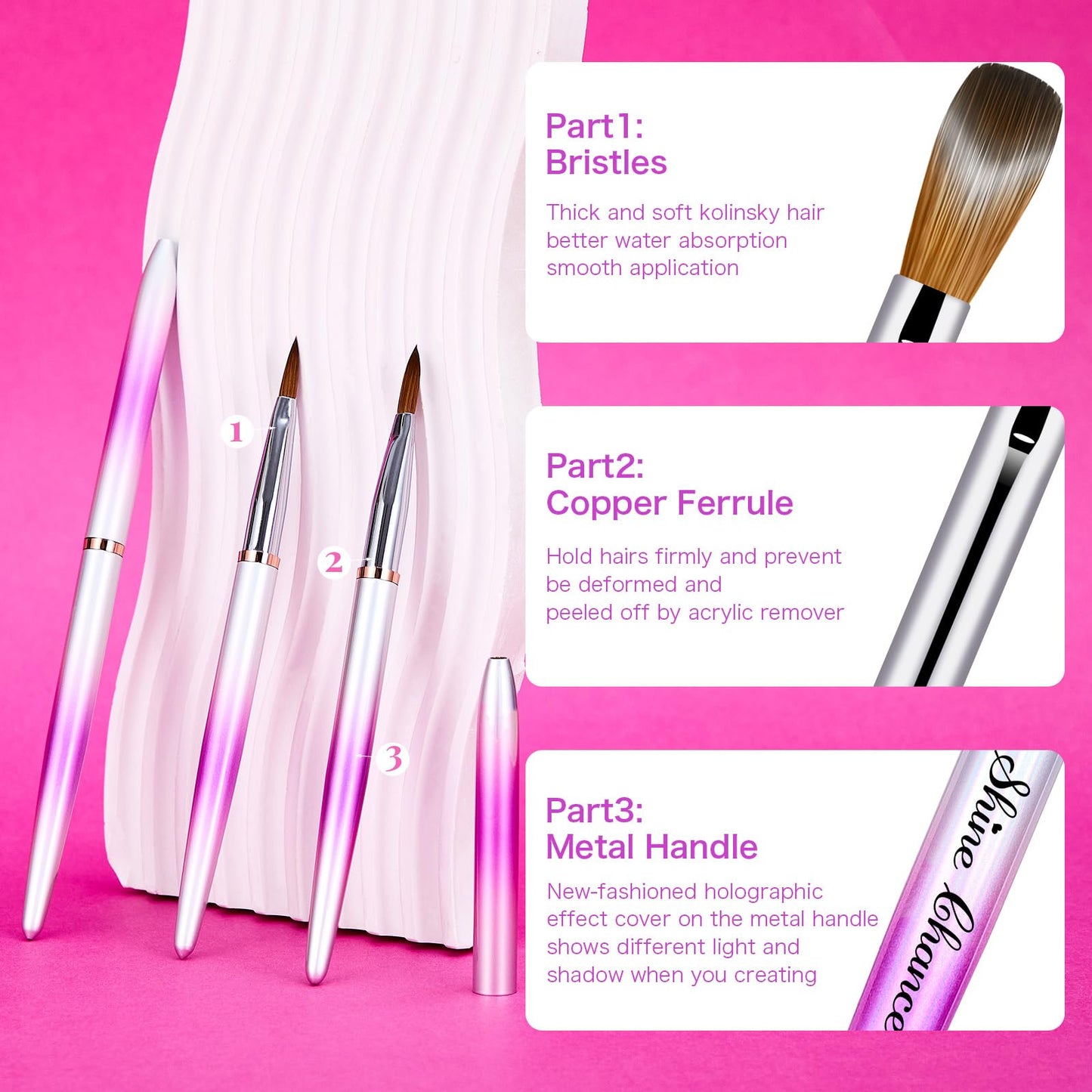 Shine Chance 4Pcs Acrylic Nail Brushes Set, Kolinsky Nail Art Brush, Art Design & Polish Mistake Cleaning Manicure Tools for Women Acrylic Application (Size 6 8 12 14)