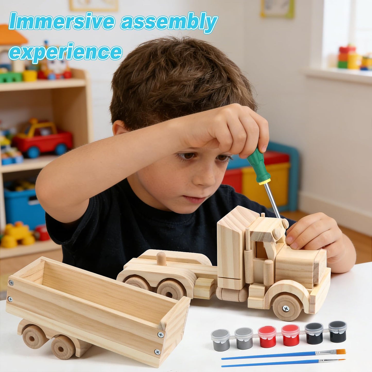 VOMOCNET 3 Pack DIY Wooden Model Building Kit, Includes Fighter Jet, Truck, Race Car, Paint Your Own Arts and Crafts, STEM Toys Birthday Gifts for Boys Girls