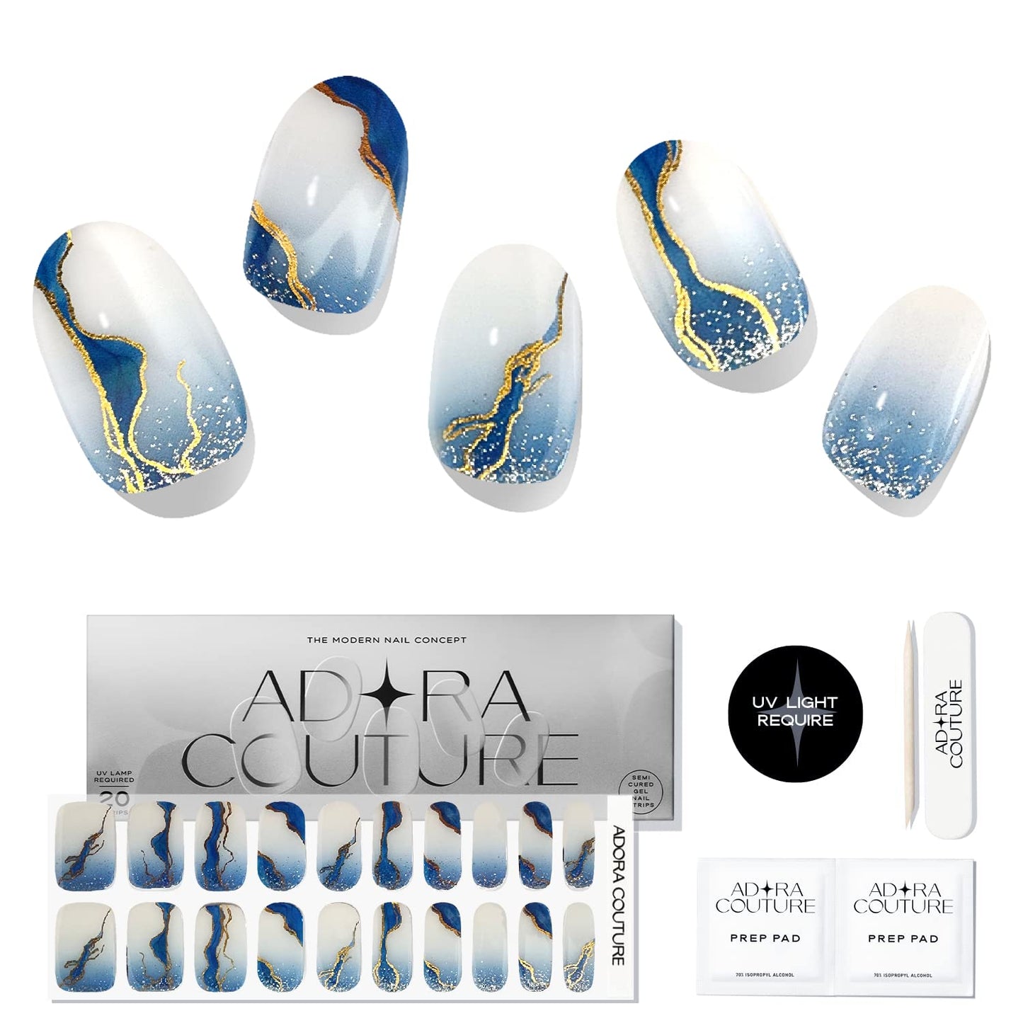 Semi-Cured Gel Nail Strips - 20 Salon-Quality Gel Sticker with UV Light Required, Long Lasting, Easy Application & Removal, Includes Prep Pad, Nail File, Wooden Stick (Blue Oceanwave)