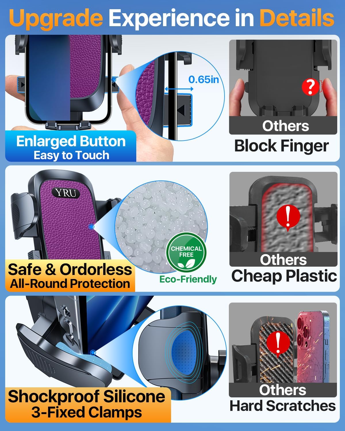 [2025 Upgrade Extreme Strong Suction] YRU Car Phone Holder Mount,[Bumpy Road Stable]Dashboard Cell Phone Holder for Car Vent Windshield Phone Stand for iPhone 16 15 14 13 Pro Max Samsung Truck, Purple