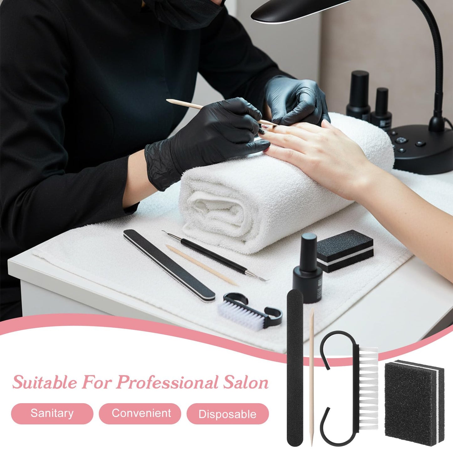 80 Sets Disposable Manicure Kit Basics 4 Piece Nail Kit for Travel,Handle Grip Brush,Mini Nail Buffer Nail File and Wood Stick for Gifts Salon Home Professional (Black)