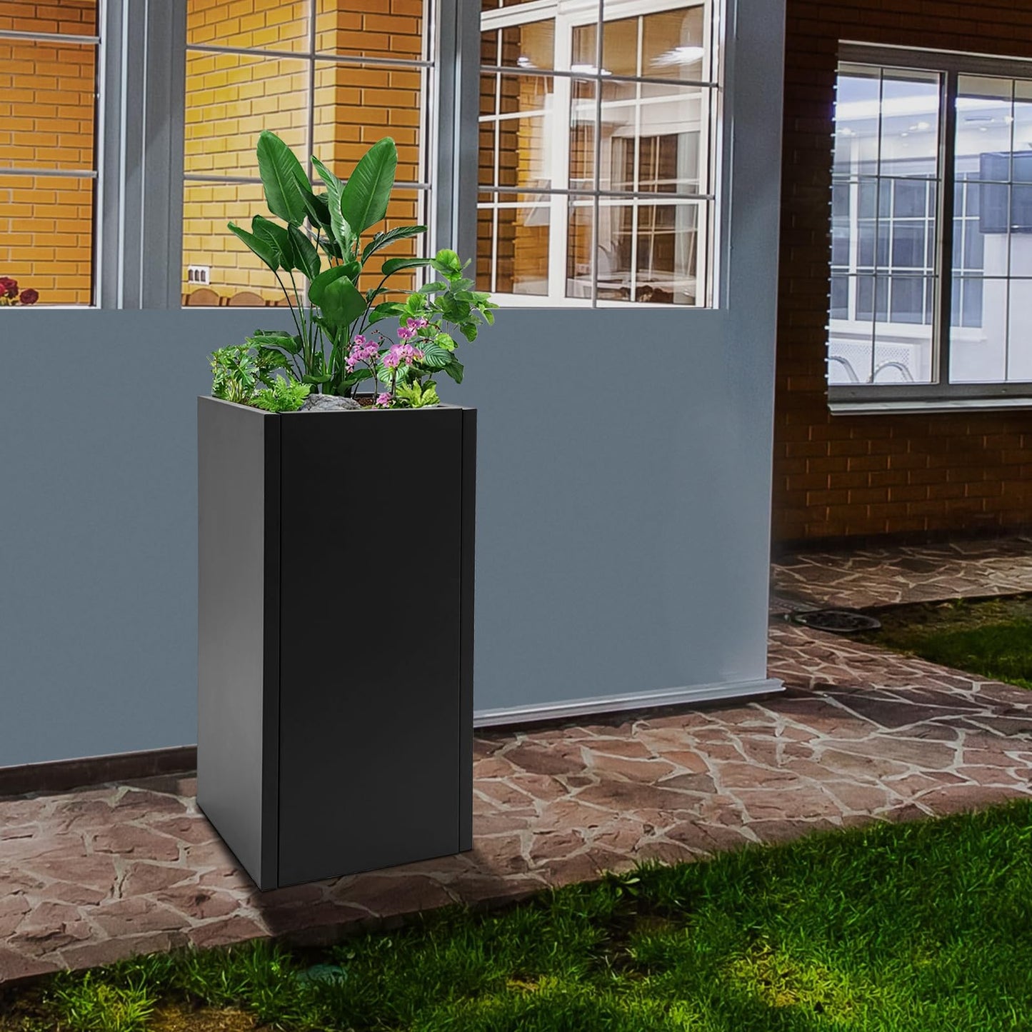 GDAE10 Tall Planter Box Large Metal Flower Pot, 14 x 14 x 30 Inches Standing Rectangle Container for Plants,Modern Steel Planters with Drainage Hole for Patio, Garden, and Balcony (Black)