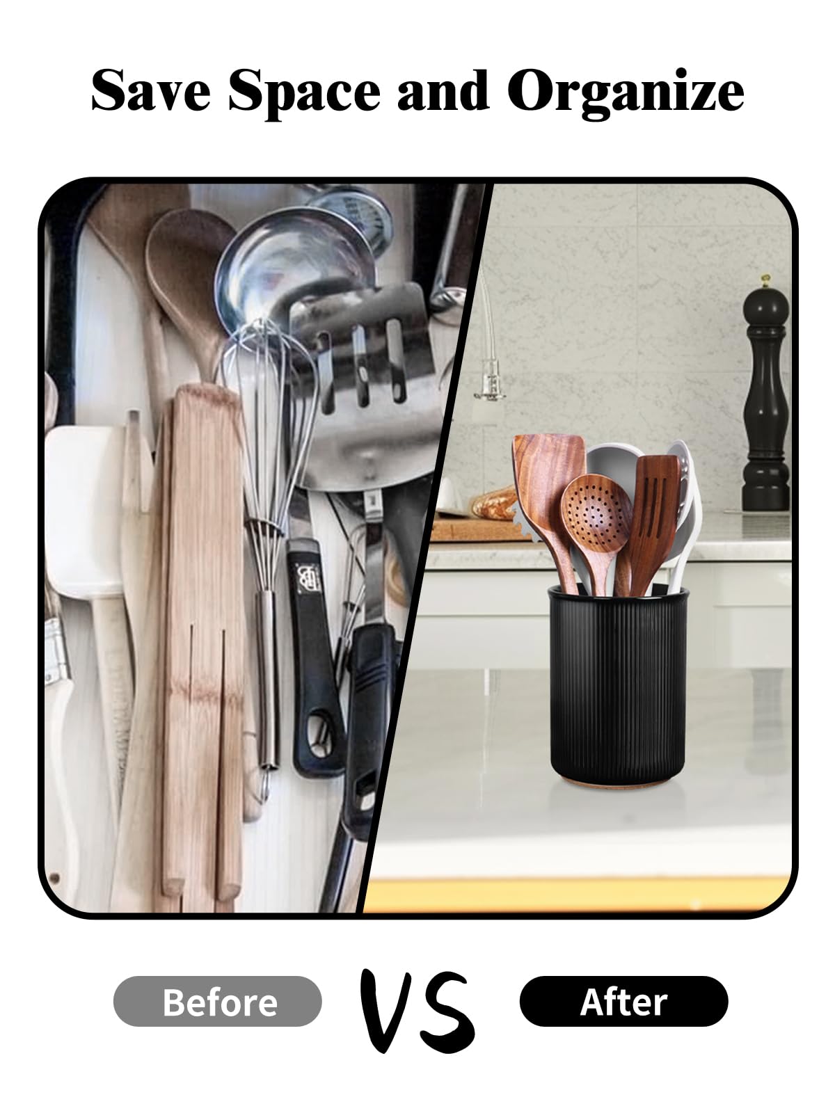 LoeJan Utensil Holder, Extra Large Utensil Crock, Stable Ceramic Utensil Organizer, Cooking Tool Organizer Set for Kitchen Counter Farmhouse Decor (F-6.7" Black)