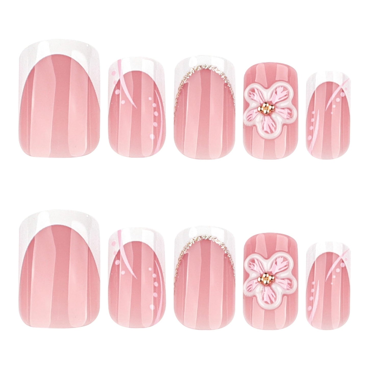 Medium Press on Nails Square Fake Nails Nude Pink French Artificial Nail 3D Flower Gold Glitter Stick on Nail for Women 24pcs
