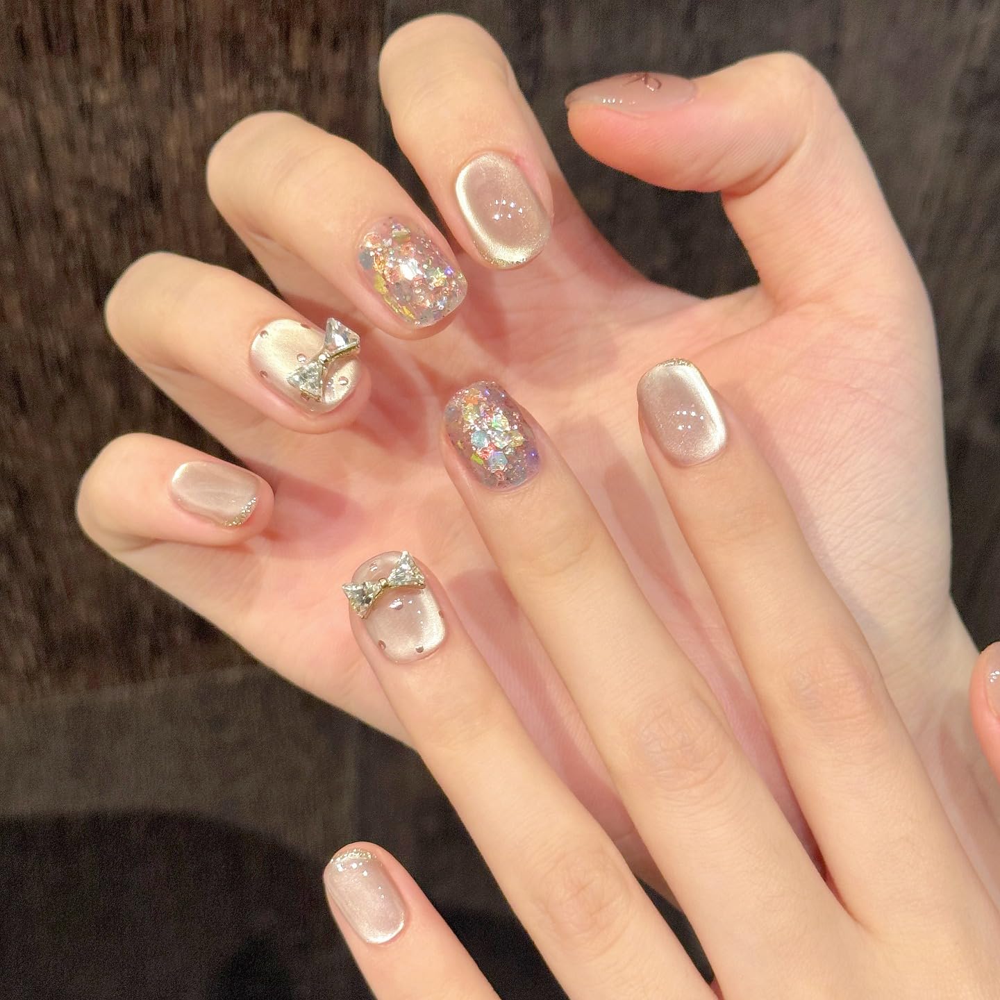 10pcs Short Oval Handmade Press On Nails | Blush Pink Bow with 3D Glitter Accents & Pearl Bows,New styles | Skip Salon Trips, Easy to Apply & Remove, Reusable (251103, XS)