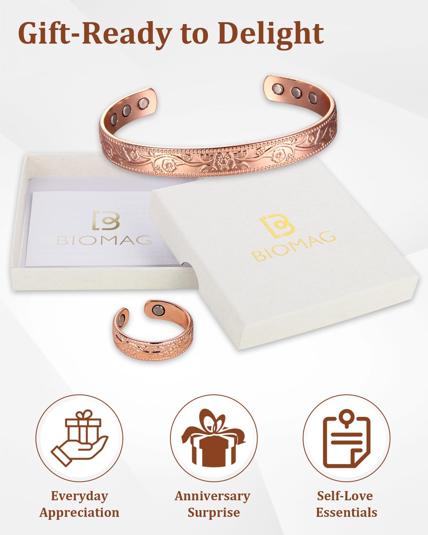 BioMag Women's Lymphatic Drainage Ring & Copper Bracelet, 99.99% Pure Copper Magnetic Bracelet & Ring with Built-in 3500 Gauss Magnets, Adjustable Size, Floral Vine Pattern