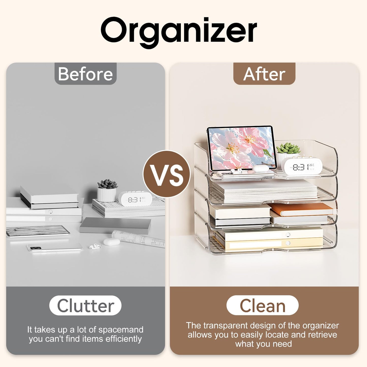 NUOGIC 4-Tier Large-Capacity Paper Organizer, Clear Stackable Desk Organizer & Acrylic Paper Tray, Transparent & Easy Access,Desk File Organizer for Home Office & School