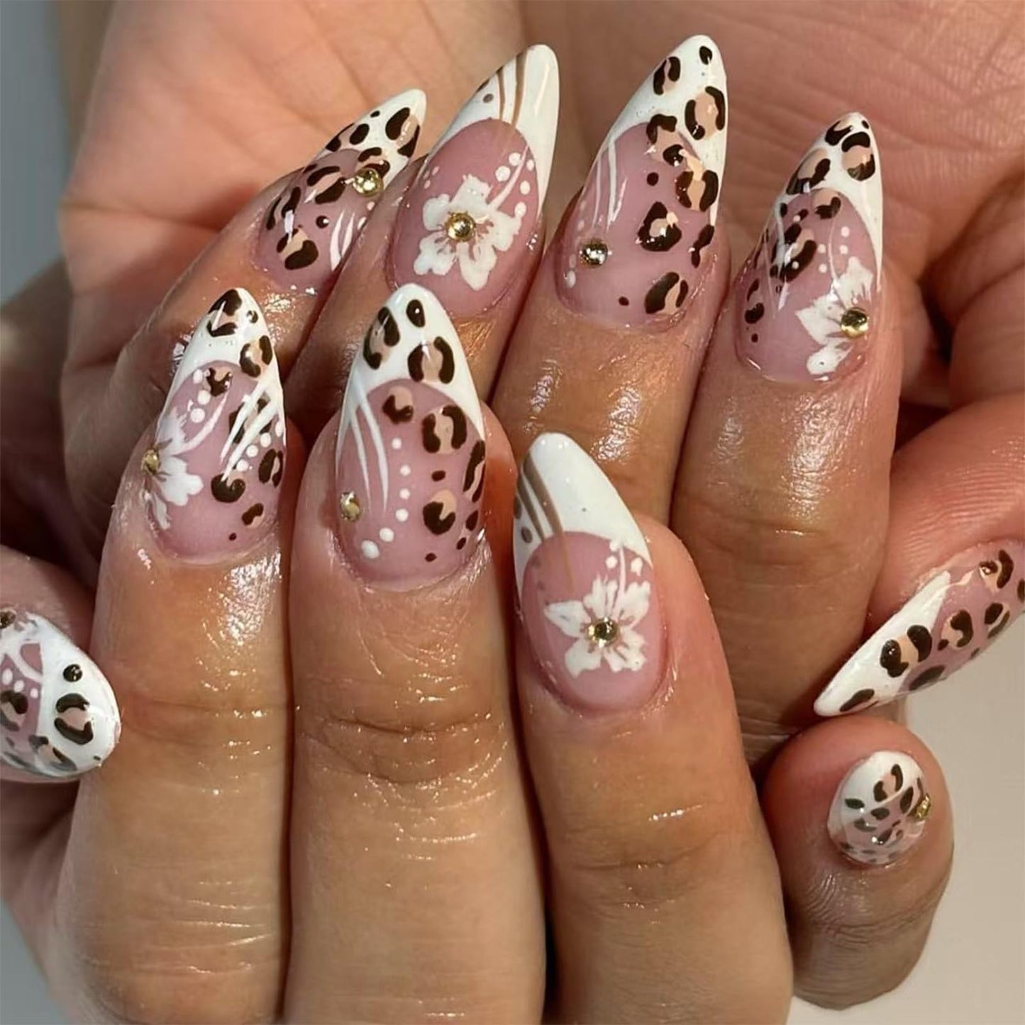 IMSOHOT Press on Nails Almond Medium Fake Nails White French Tips False Nails with Leopard Print Design Flower Acrylic Nail Supplies Glossy Full Cover Glue on Nails for Women 24Pcs