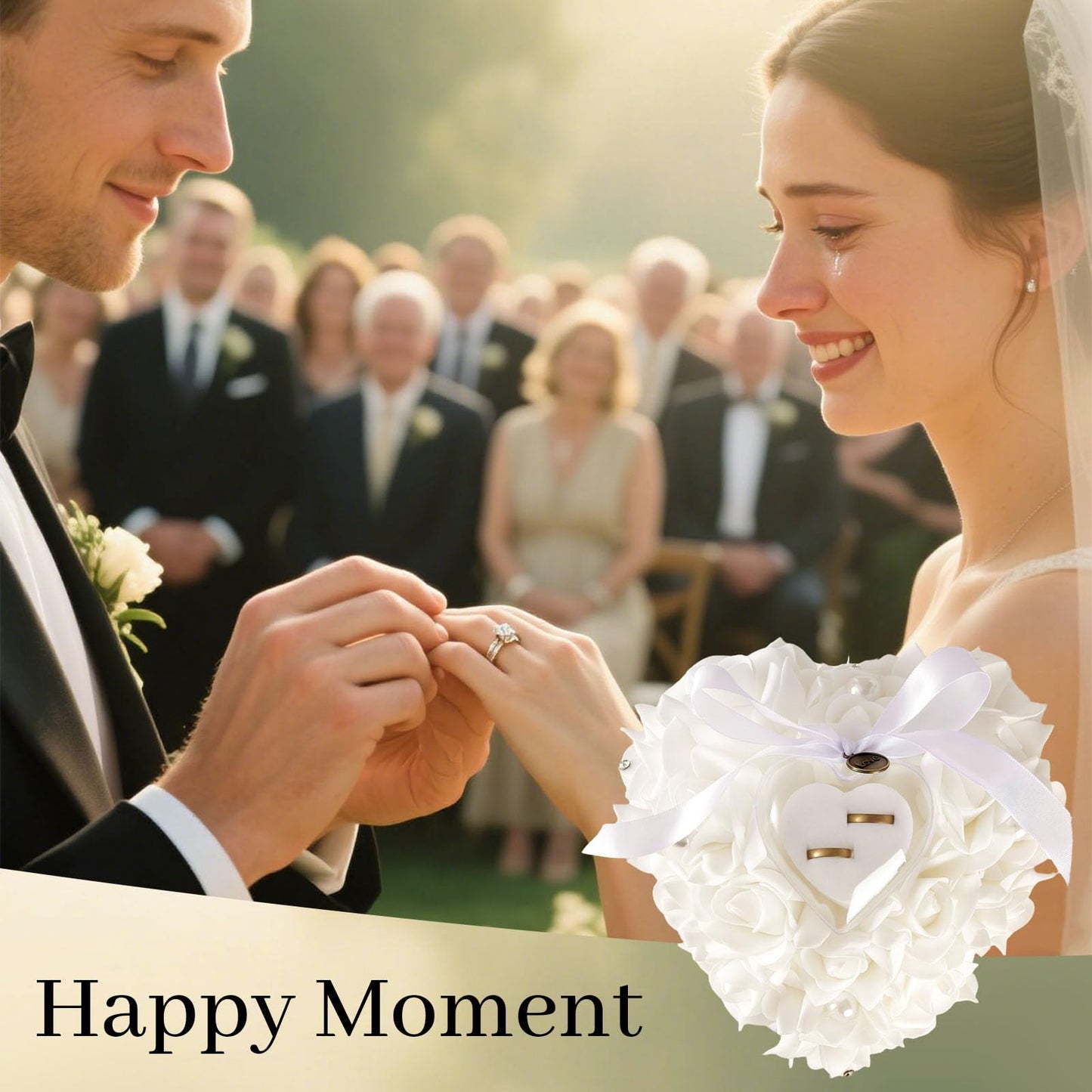 HONEYGIFTS Wedding Ring Pillow, Irovy Ring Bearer Holder Pillows Heart Shape Rose Lace Cushion for Wedding Party Anniversary Ceromony