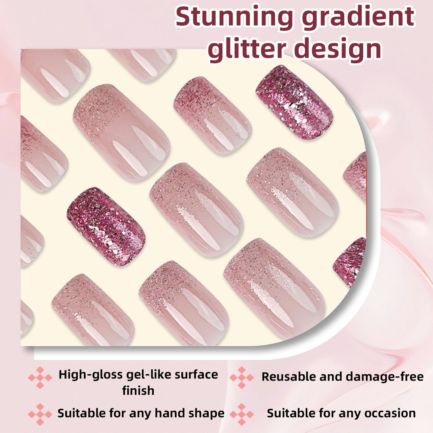 24Pcs Medium Square Press On Nails Gradient Pink Sparkle Fake Nails Acrylic Artificial False Nails Manicure Nail Art Supplies for Women Decoration