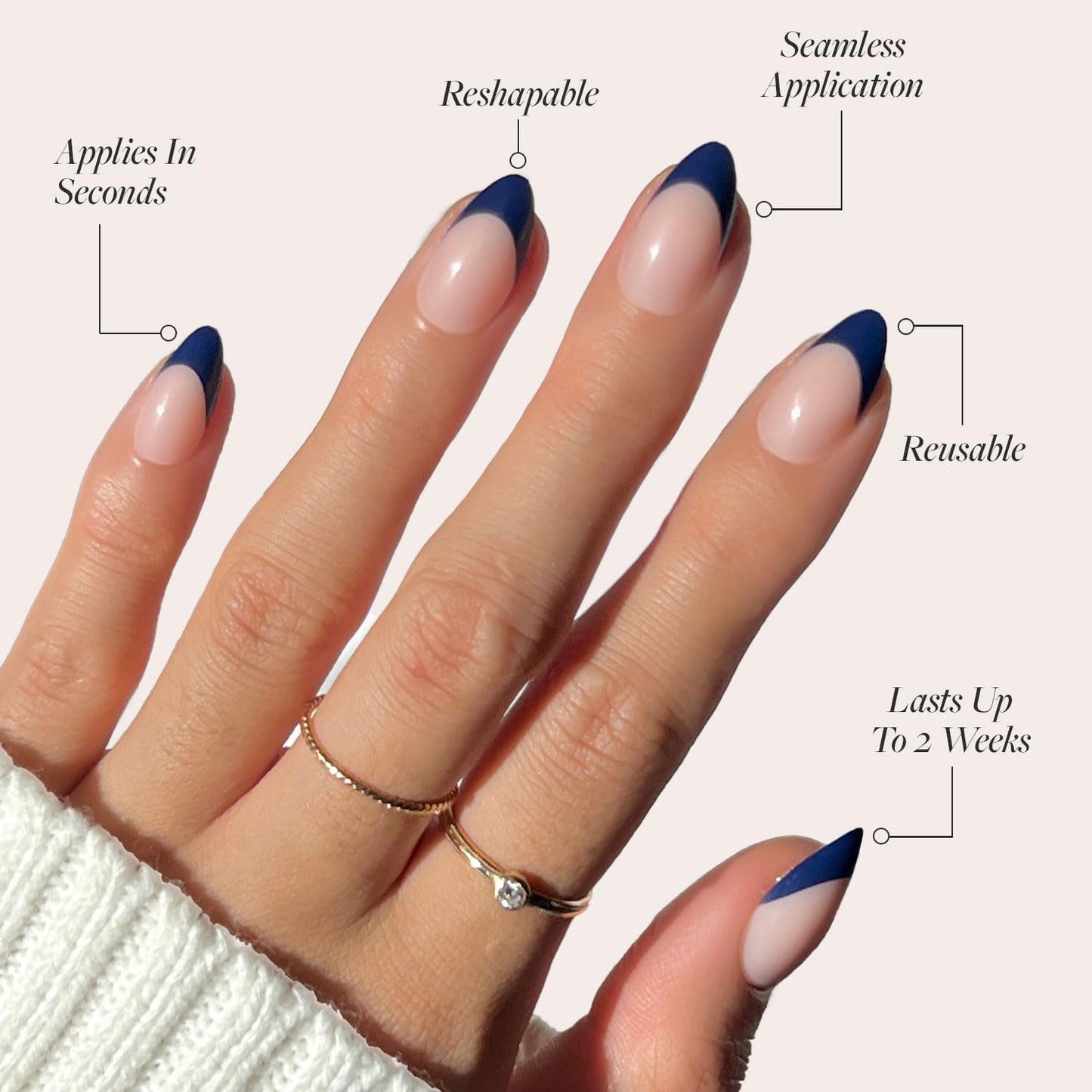 Glamnetic Press-On Nails Bundle - French Riviera & Caviar | Semi-Transparent Navy Blue Tip Short Almond Fake Nails | Short Almond Black Tip False Nails | Reusable, Salon-Quality Nail Kit