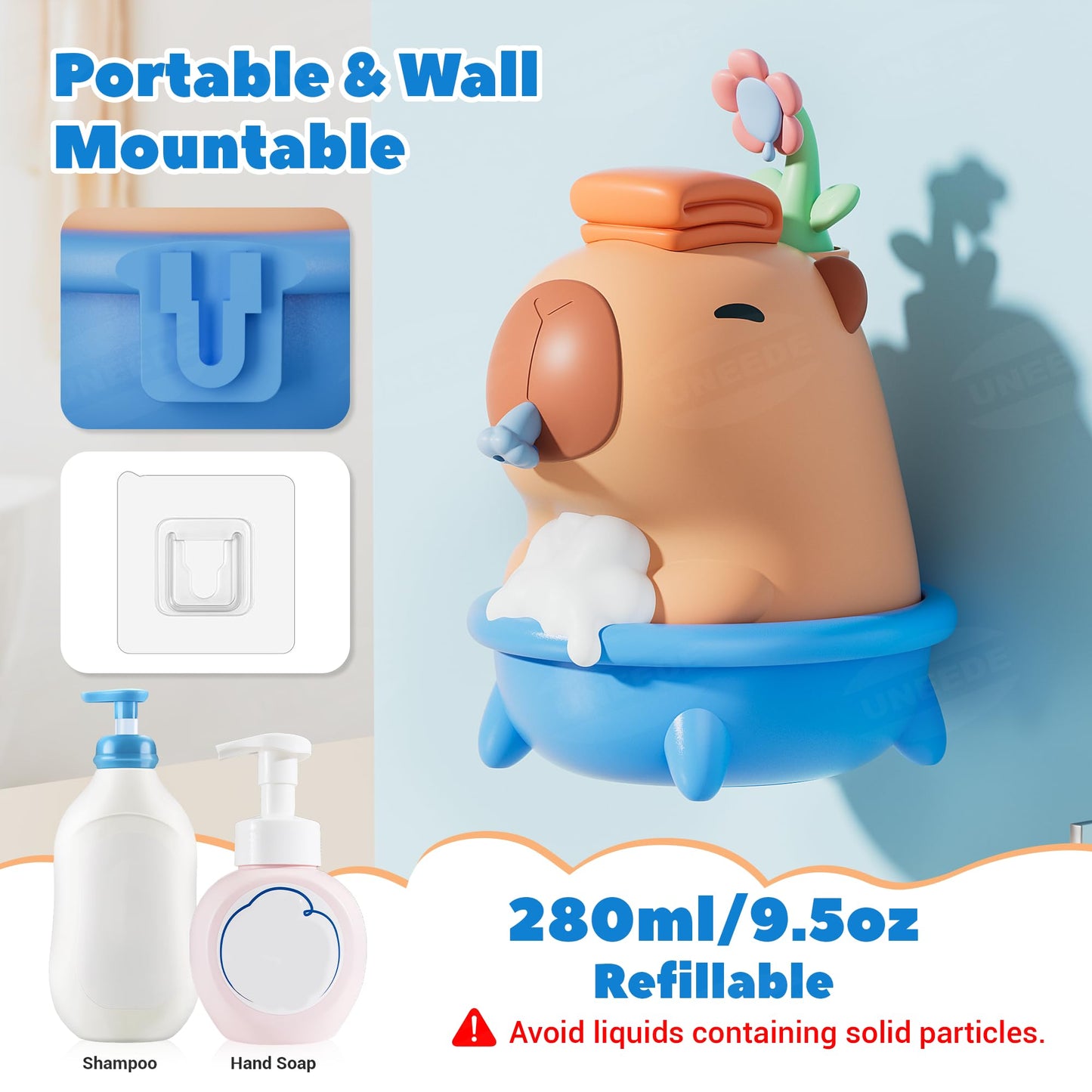 UNEEDE Capybara Hand Soap Dispenser, Automatic Touchless Foaming with Advanced Sensor, IP7 Waterproof, Portable & Wall Mount Rechargeable, 9.5oz/280ml, Cute Soft Silicone for Bathroom, Decor Gifts