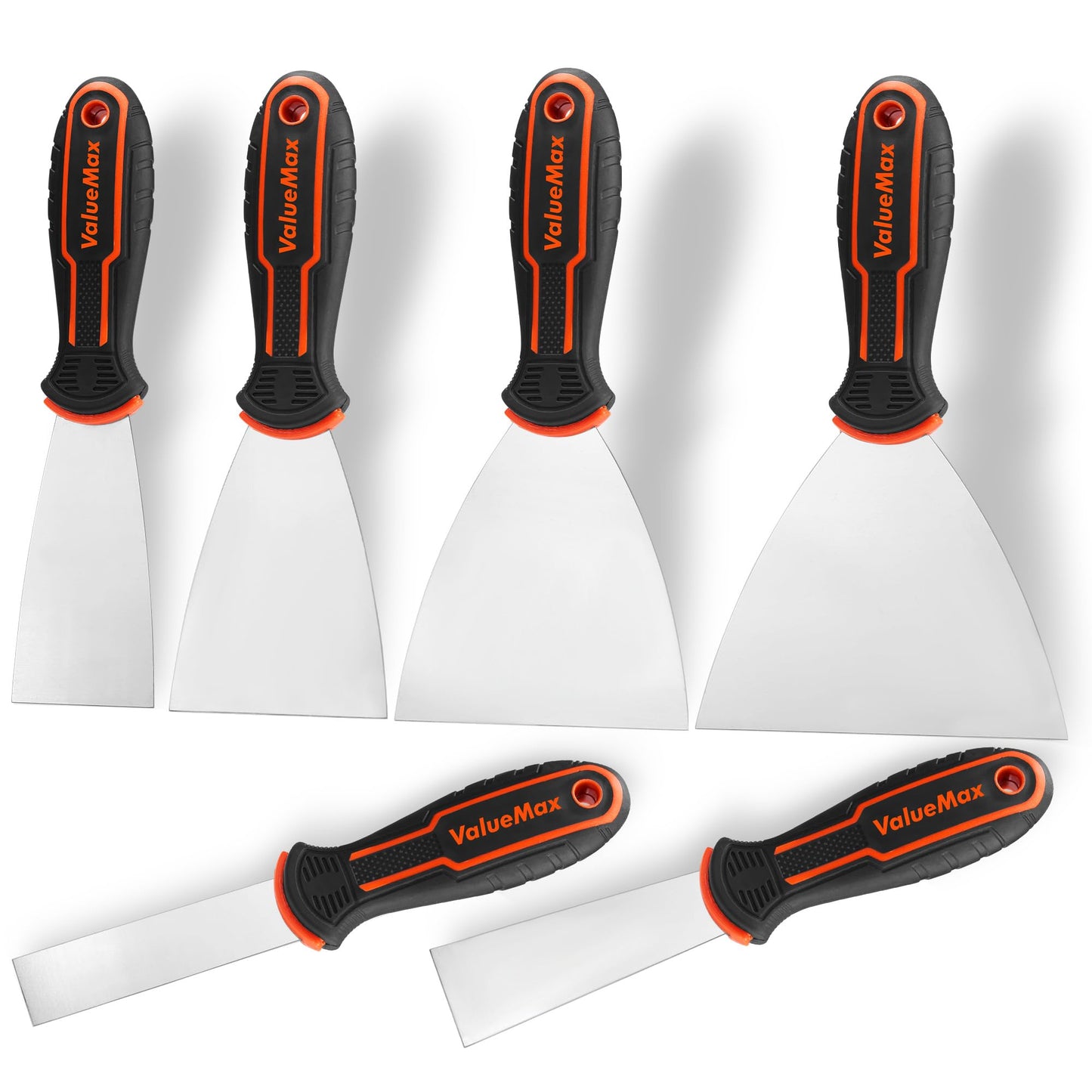 VALUEMAX Putty Knife Set, 6PCS Stainless Steel Paint Scraper Tools, Spackle Knives for Repairing Drywall, Scraping, Removing Wallpaper, Applying Mud, Plaster and Adhesive(1”, 1.5”, 2”, 3”, 4”, 5”)