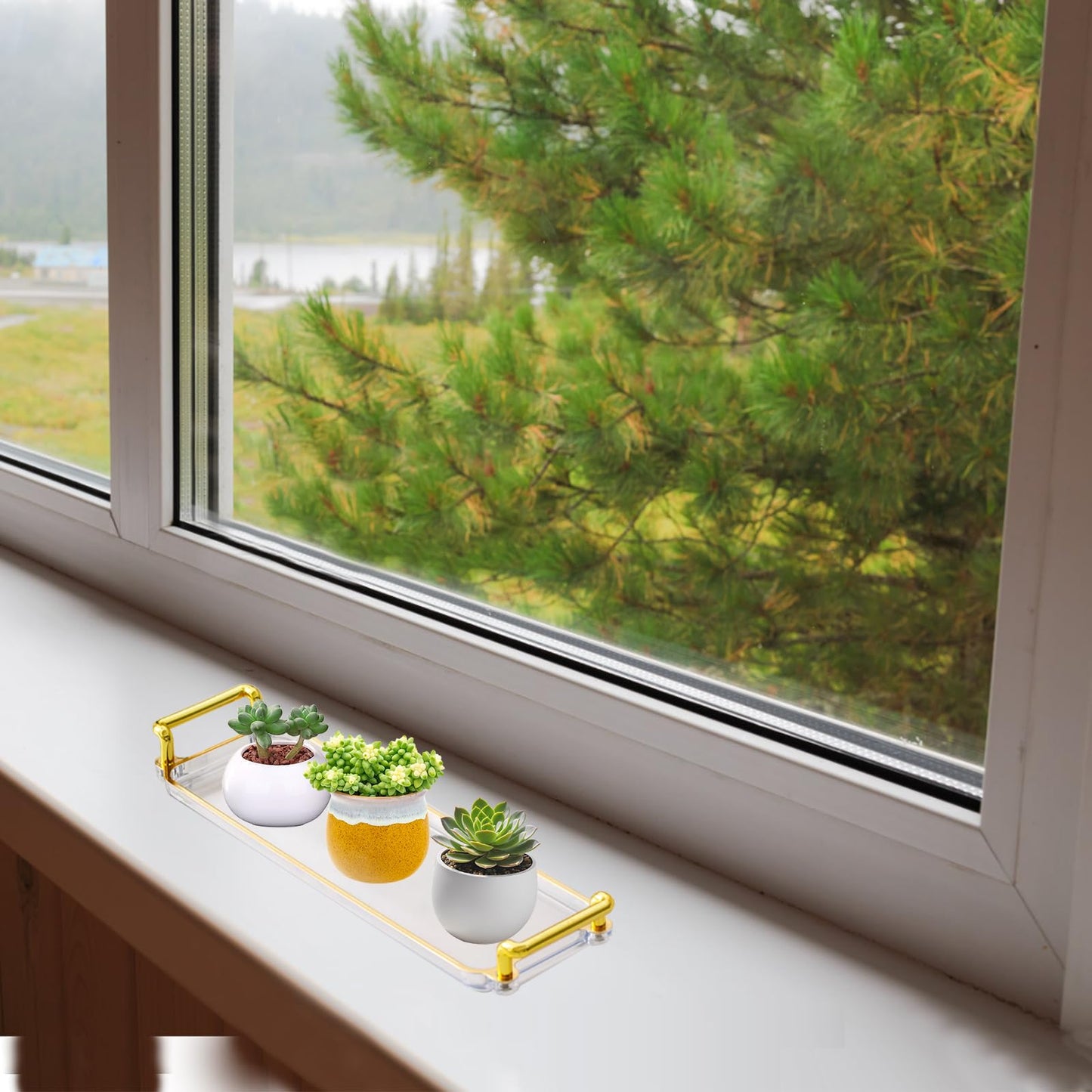 HaoGludi 3 PCS Rectangular Plant Saucer, 12.2 x 3.5 inches Decorative Plastic Window Sill Plant Tray, Reusable Planter Base for Succulent Pots Indoor/Outdoor Decor, Amber